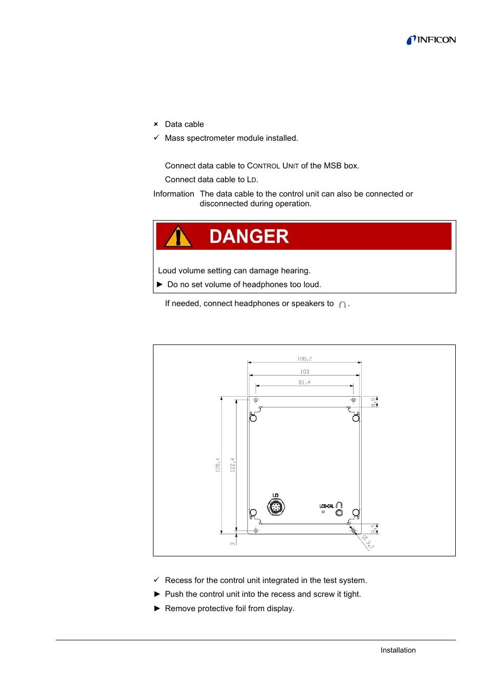 5 installation, Connecting the control unit, Installing the control unit | 5installation, 1 connecting the control unit, 2 installing the control unit | INFICON CU1000 Control unit User Manual | Page 13 / 24