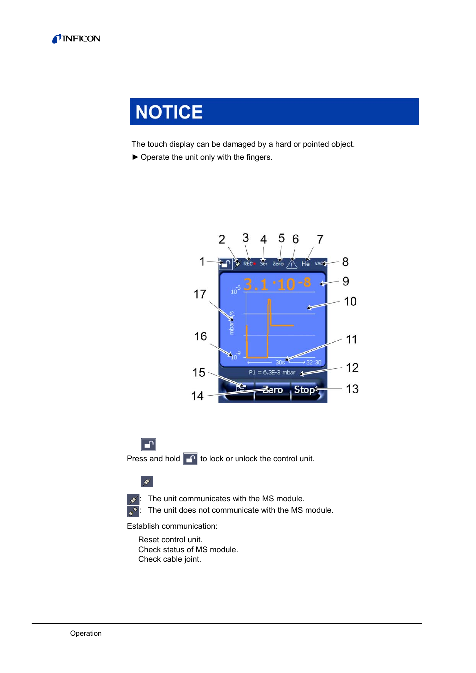 6 operation, Elements on the monitor 6.1.1, Measurement display | 6operation, 1 elements on the monitor | INFICON CU1000 Control unit User Manual | Page 14 / 24