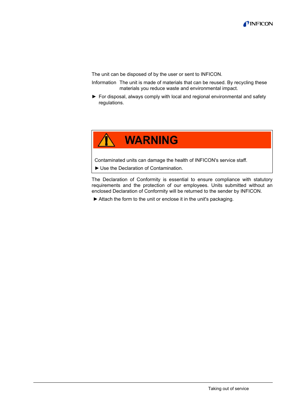 7 taking out of service, Disposing of the control unit, Returning the control unit | 7taking out of service, 1 disposing of the control unit, 2 returning the control unit | INFICON CU1000 Control unit User Manual | Page 23 / 24