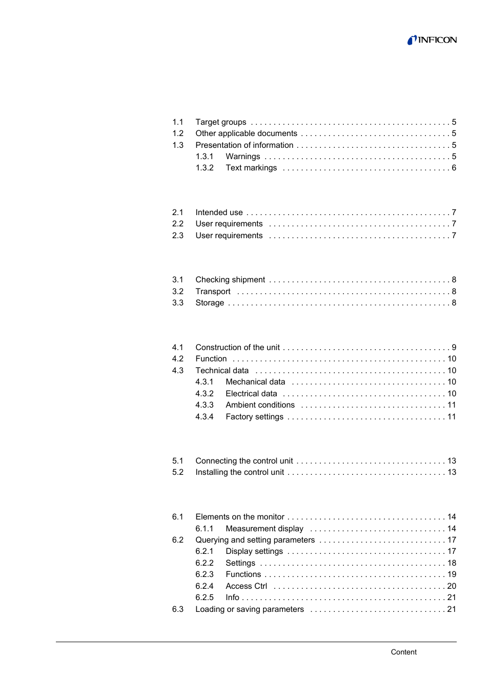 Content, 1 about this manual, 2 safety | 3 shipment check, transport, storage, 4 description, 5 installation 3, 6 operation 4 | INFICON CU1000 Control unit User Manual | Page 3 / 24