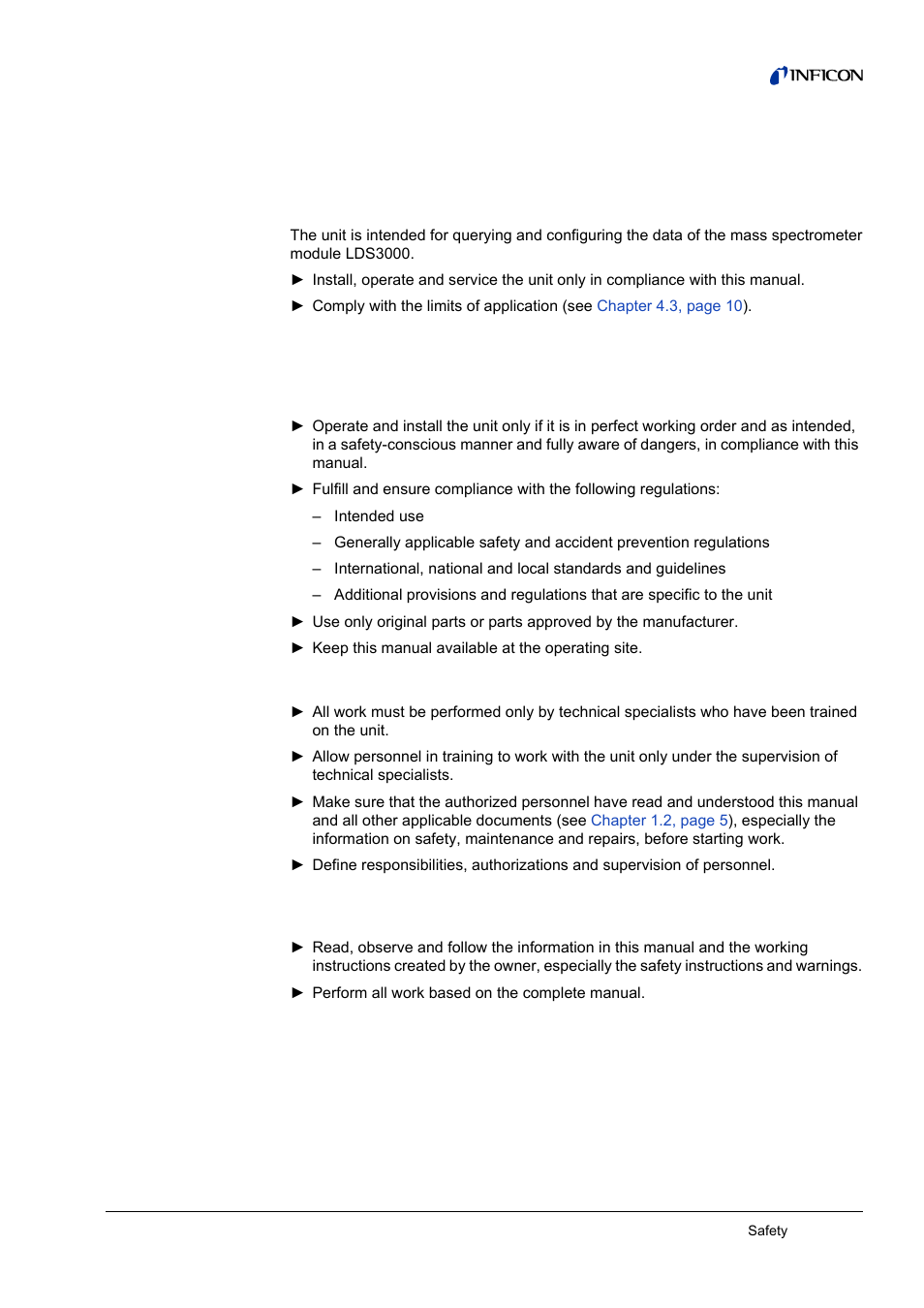 2 safety, Intended use, User requirements | 2safety, 1 intended use, 2 user requirements, 3 user requirements | INFICON CU1000 Control unit User Manual | Page 7 / 24