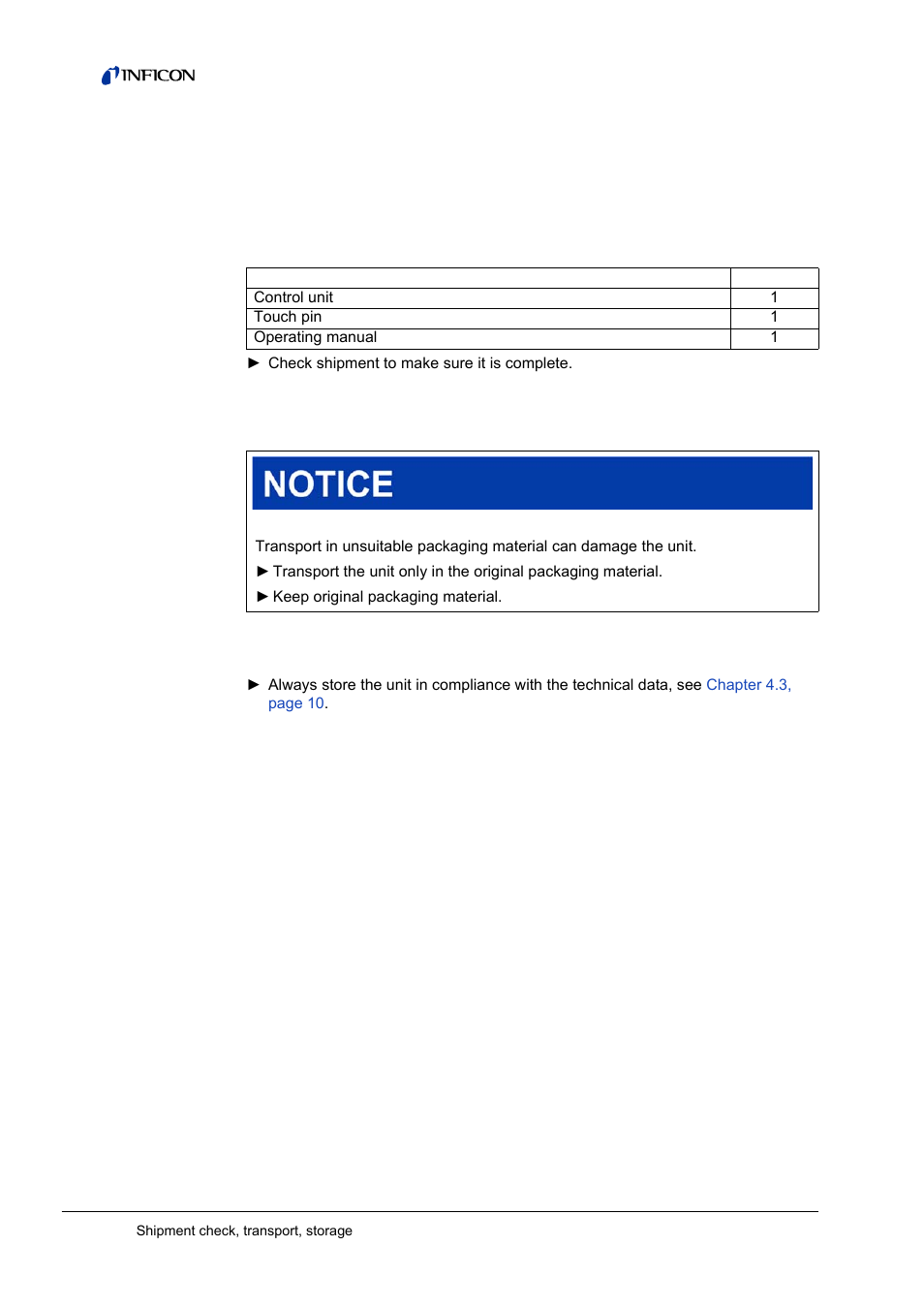 3 shipment check, transport, storage, Checking shipment, Transport | Storage, 3shipment check, transport, storage, 1 checking shipment, 2 transport 3.3 storage | INFICON CU1000 Control unit User Manual | Page 8 / 24