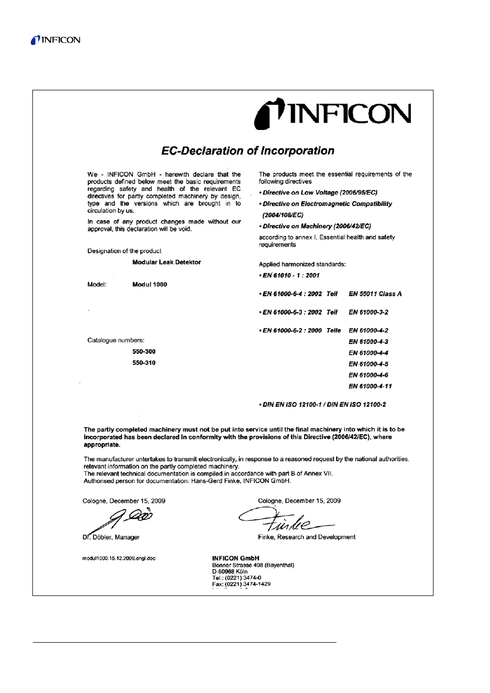 8 ce-certificate, Ce-certificate 9-24 | INFICON Helium Leak Detector Modul1000 User Manual | Page 112 / 130