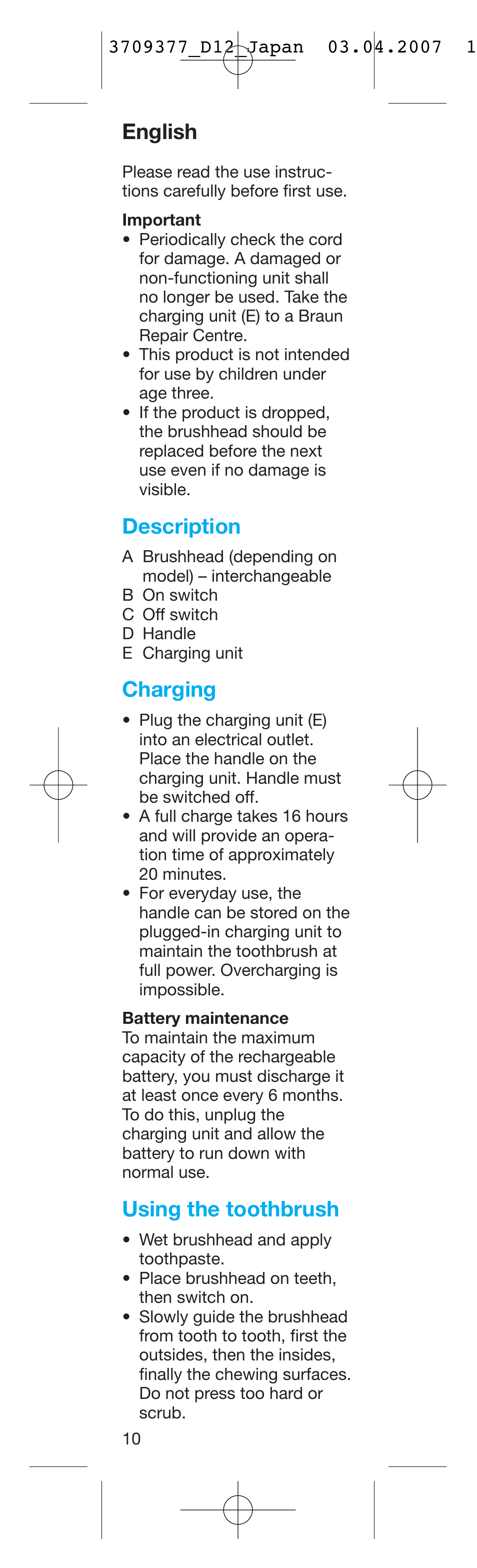 English, Description, Charging | Using the toothbrush | Braun D12013 W User Manual | Page 10 / 13