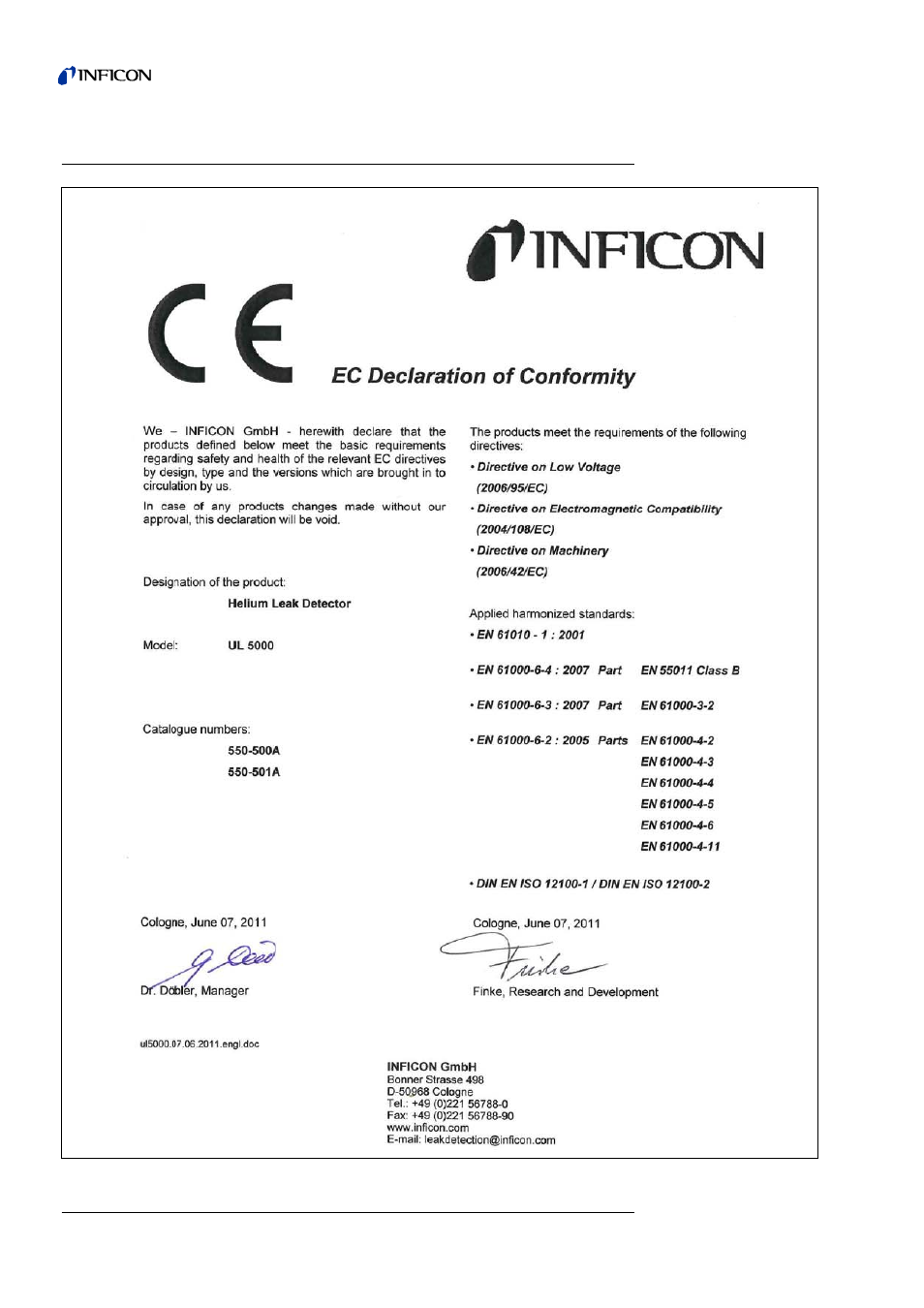 Declaration of conformity | INFICON UL5000 Dry Helium Leak Detector User Manual | Page 102 / 108