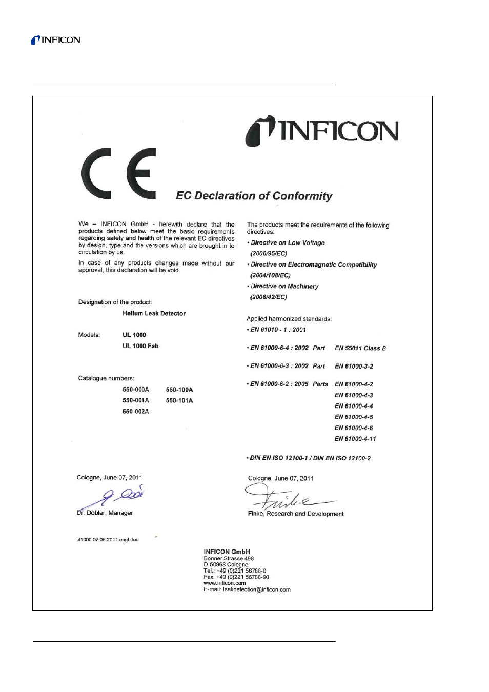 Declaration of conformity, Cdeclaration of conformity | INFICON UL1000 Helium leak detector User Manual | Page 118 / 119