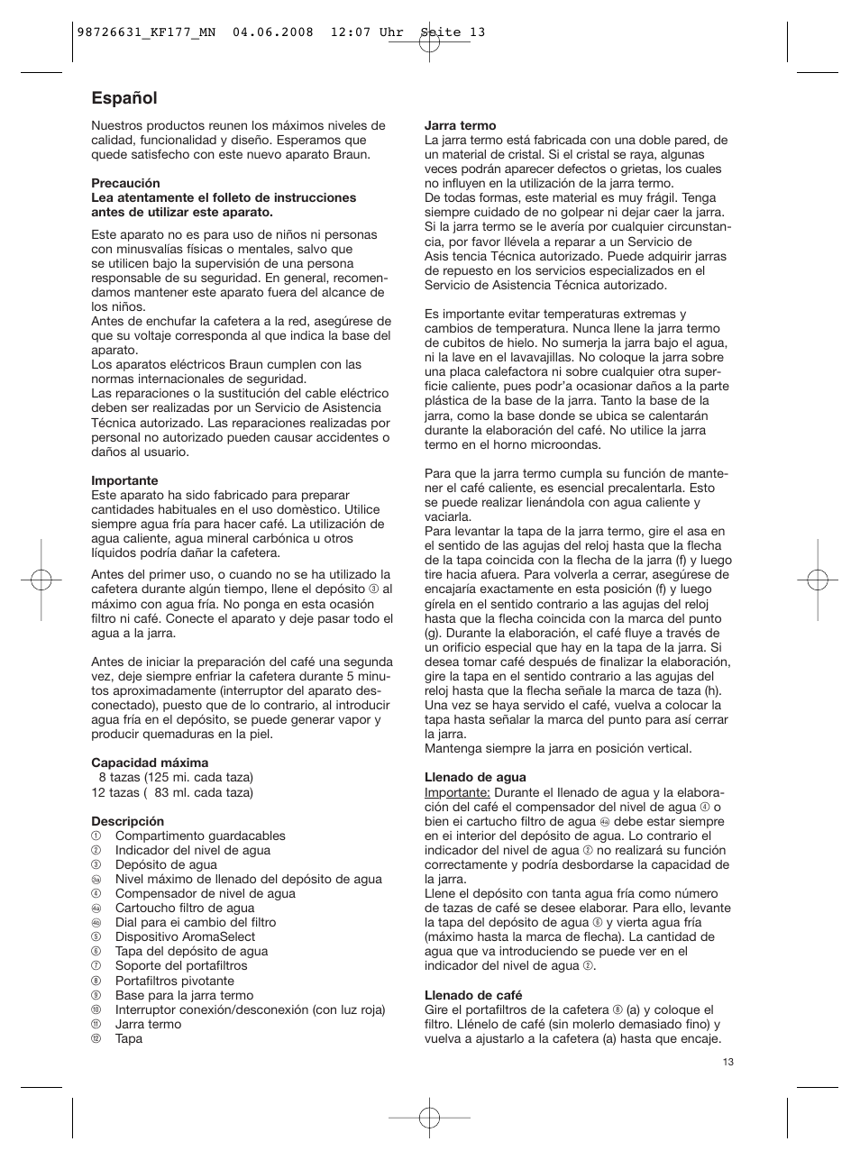 Español | Braun AromaSelect KF 177 User Manual | Page 13 / 39