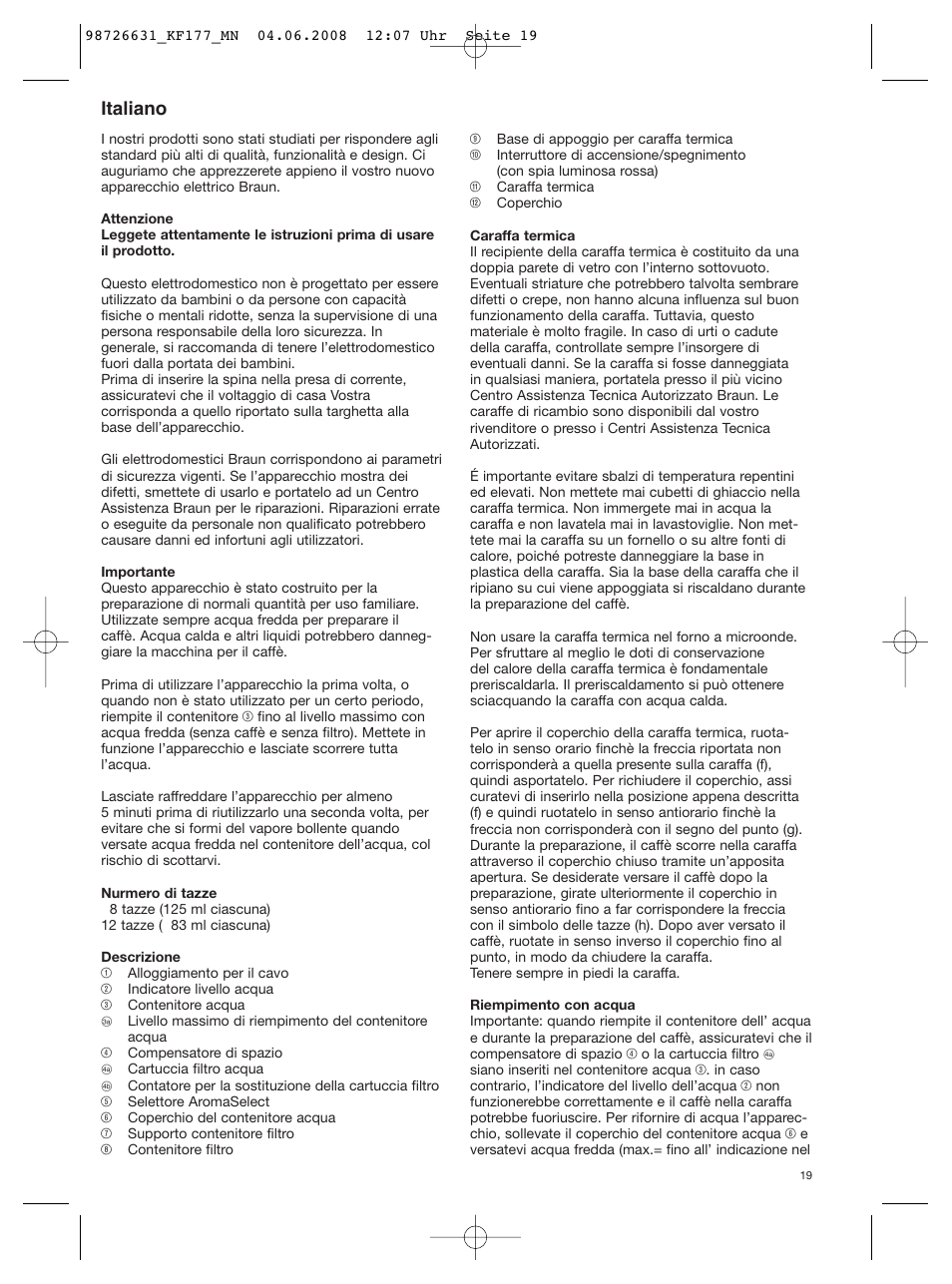 Italiano | Braun AromaSelect KF 177 User Manual | Page 19 / 39