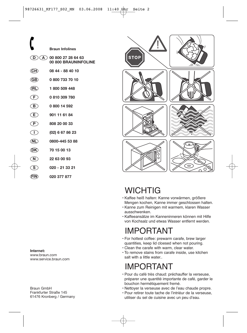 Wichtig, Important | Braun AromaSelect KF 177 User Manual | Page 2 / 39