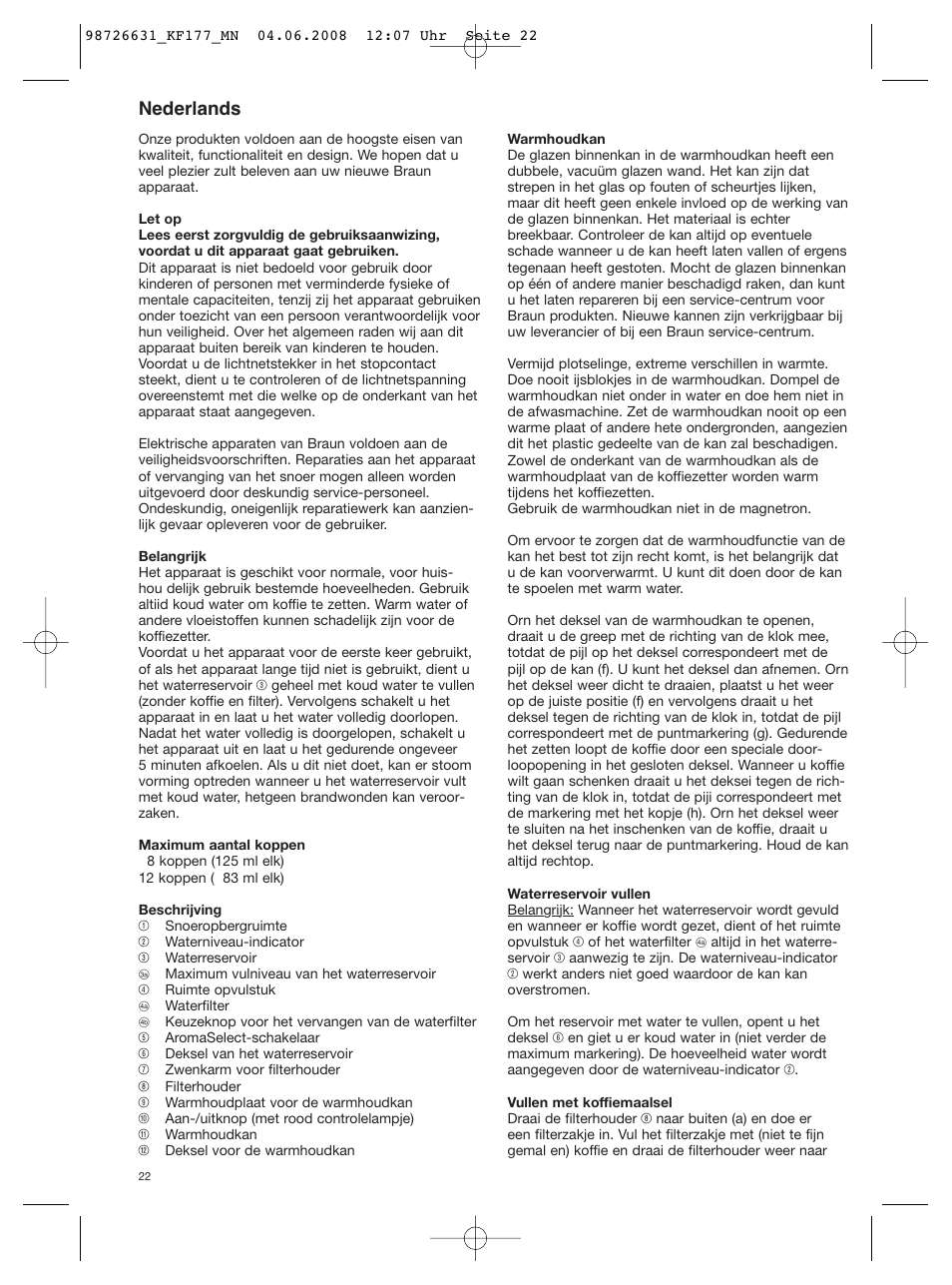 Nederlands | Braun AromaSelect KF 177 User Manual | Page 22 / 39