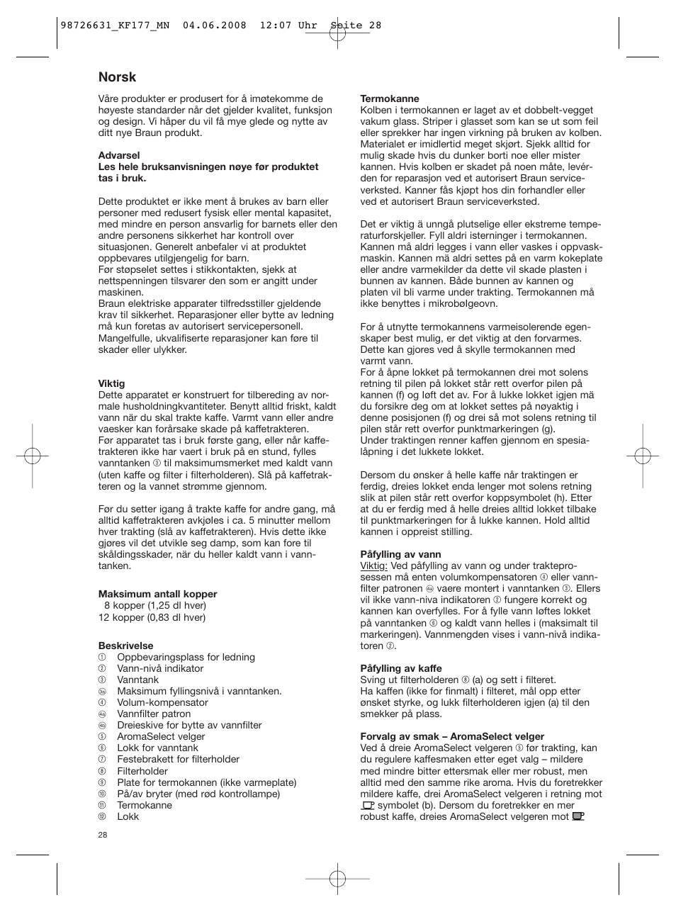 Norsk | Braun AromaSelect KF 177 User Manual | Page 28 / 39