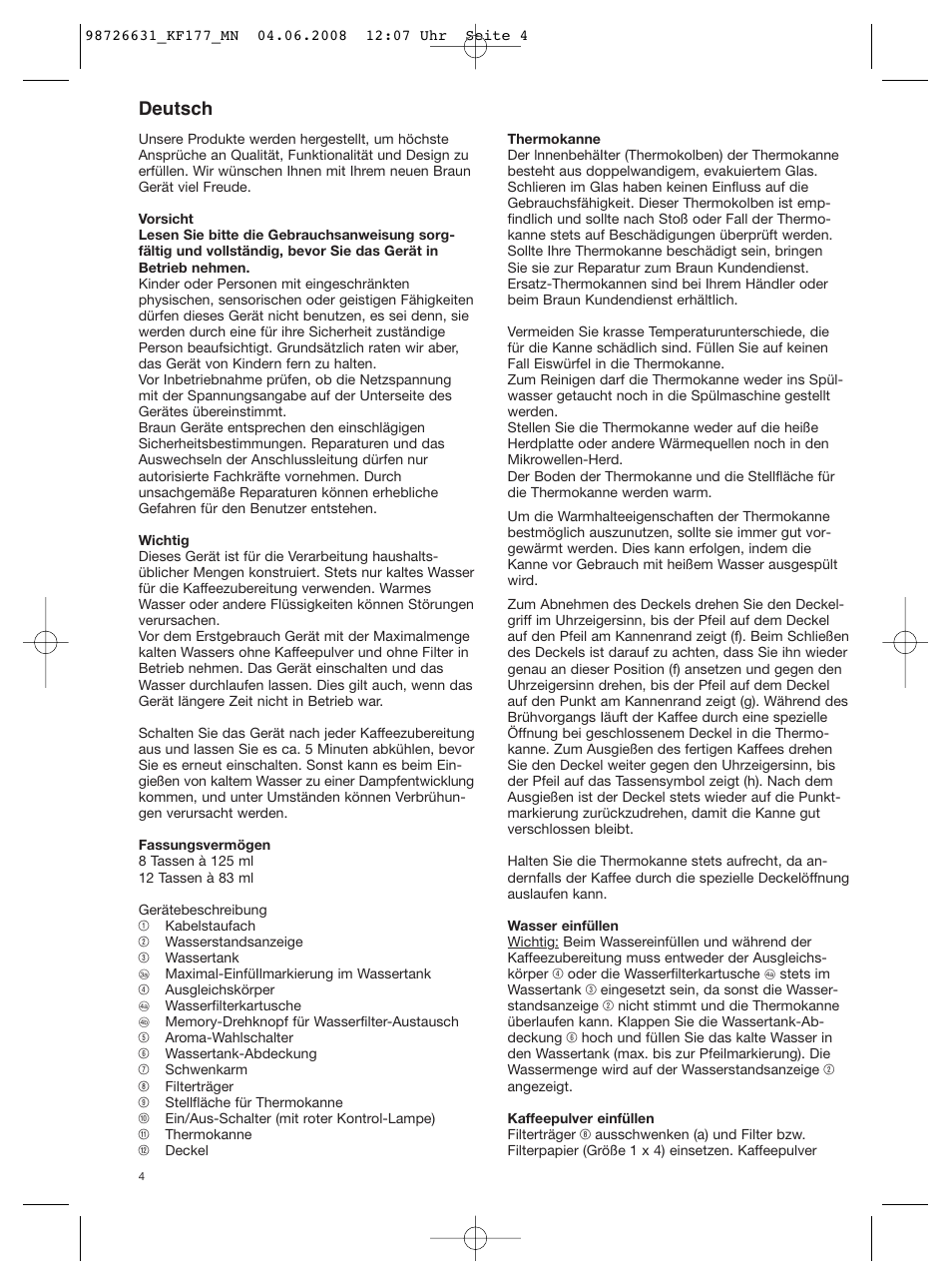 Deutsch | Braun AromaSelect KF 177 User Manual | Page 4 / 39