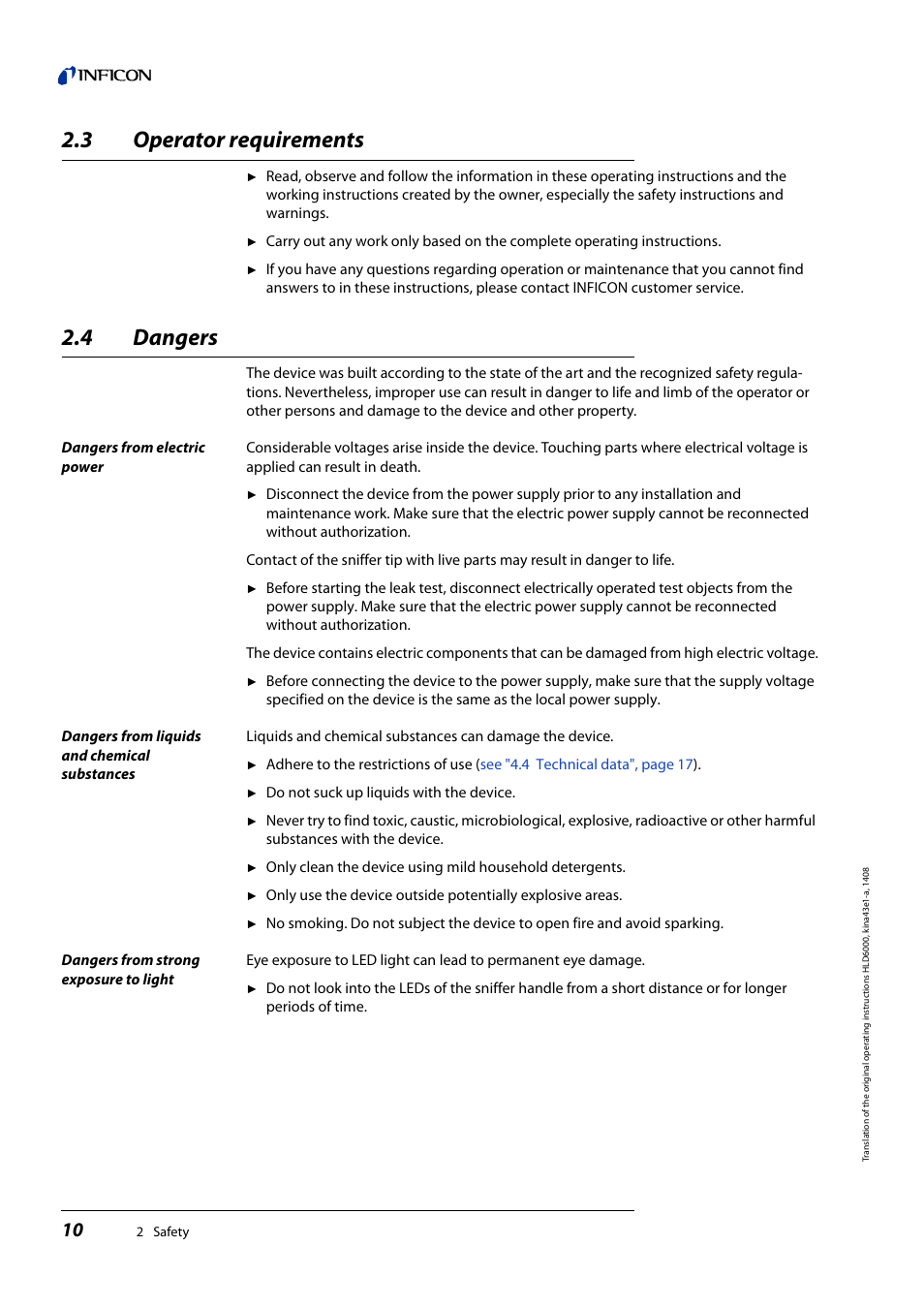 3 operator requirements, 4 dangers, Operator requirements | Dangers | INFICON HLD6000 Refrigerant Leak Detector User Manual | Page 10 / 76