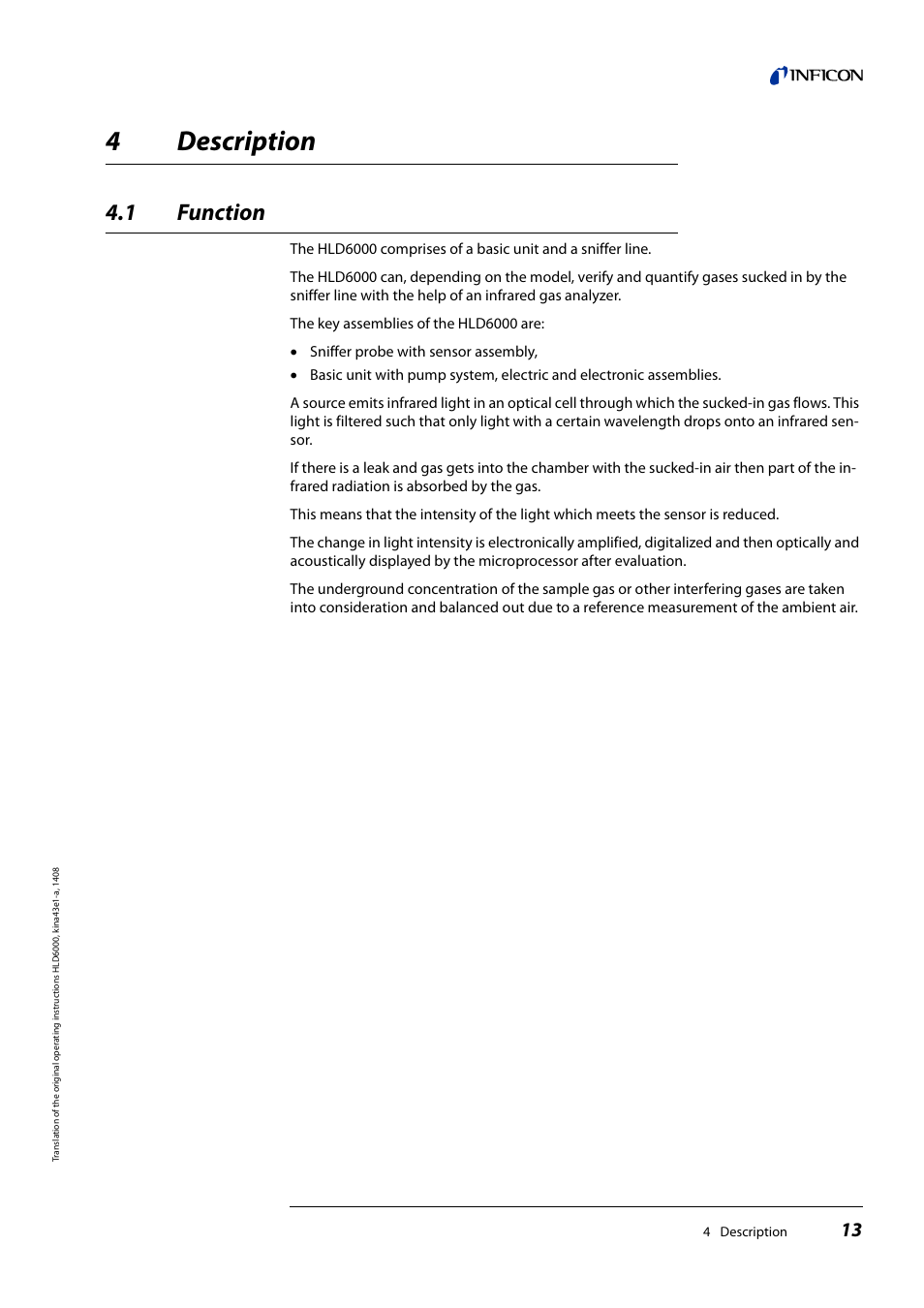4 description, 1 function, Description | Function, 4description | INFICON HLD6000 Refrigerant Leak Detector User Manual | Page 13 / 76