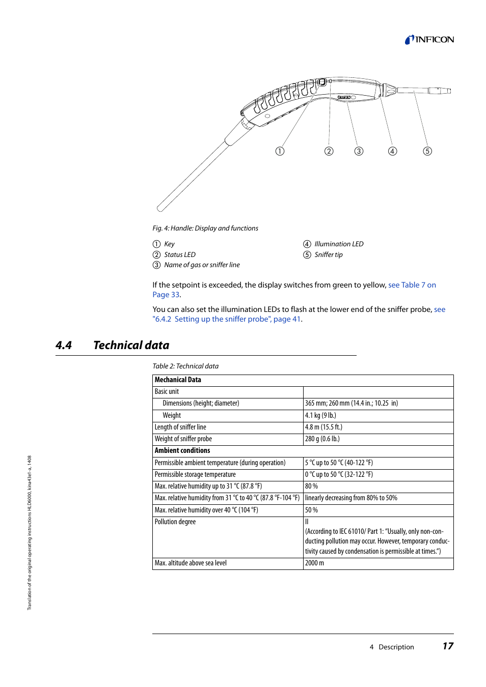 4 technical data, Technical data, See "4.4 technical data | INFICON HLD6000 Refrigerant Leak Detector User Manual | Page 17 / 76