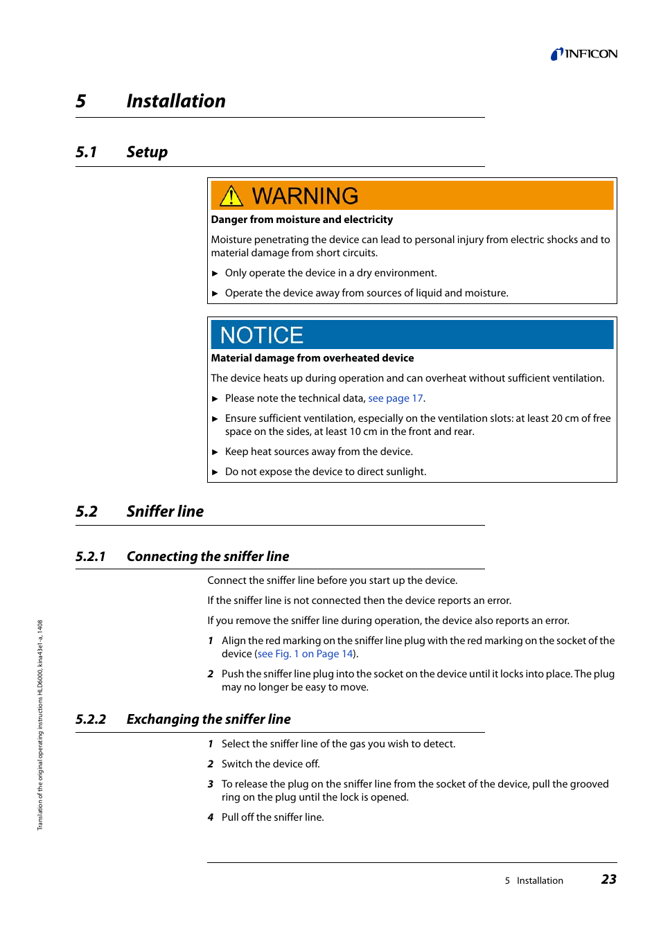 5 installation, 1 setup, 2 sniffer line | 1 connecting the sniffer line, 2 exchanging the sniffer line, Installation, Setup, Sniffer line, Connecting the sniffer line, Exchanging the sniffer line | INFICON HLD6000 Refrigerant Leak Detector User Manual | Page 23 / 76