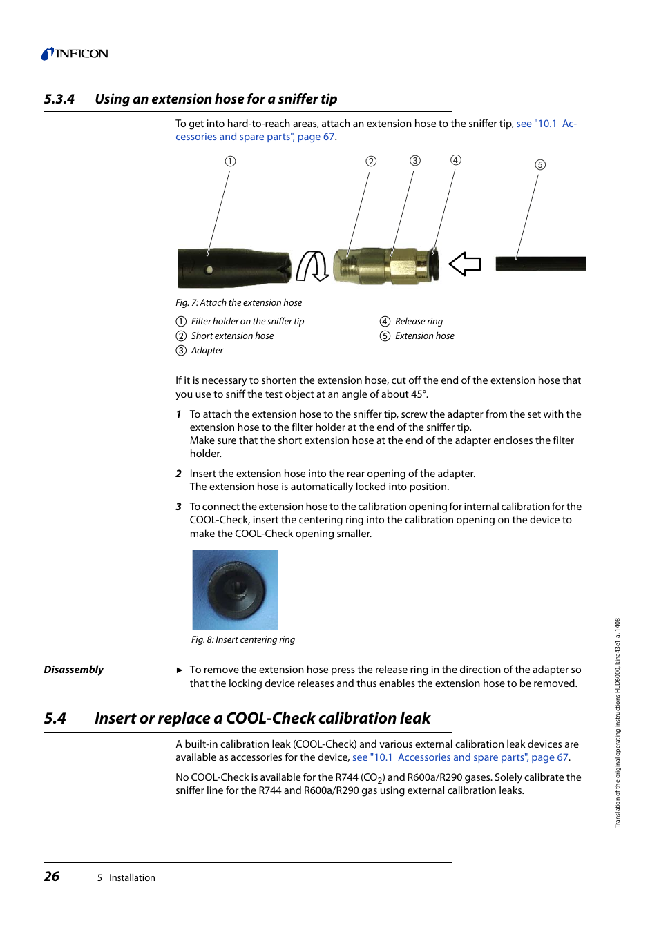 4 using an extension hose for a sniffer tip, 4 insert or replace a cool-check calibration leak, Using an extension hose for a sniffer tip | Insert or replace a cool-check calibration leak | INFICON HLD6000 Refrigerant Leak Detector User Manual | Page 26 / 76
