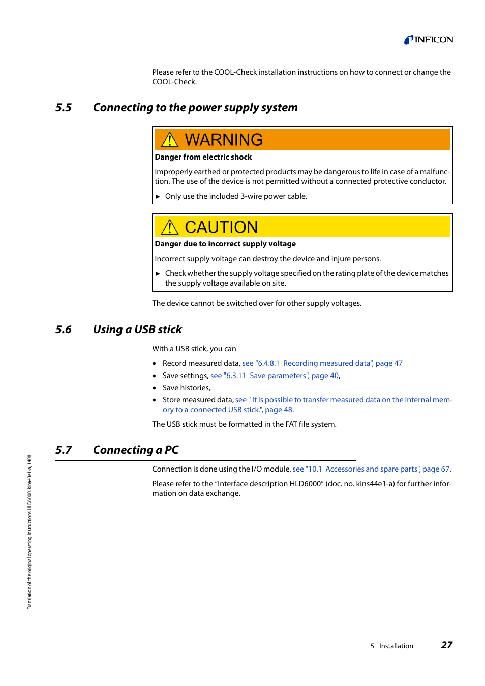 5 connecting to the power supply system, 6 using a usb stick, 7 connecting a pc | Connecting to the power supply system, Using a usb stick, Connecting a pc | INFICON HLD6000 Refrigerant Leak Detector User Manual | Page 27 / 76