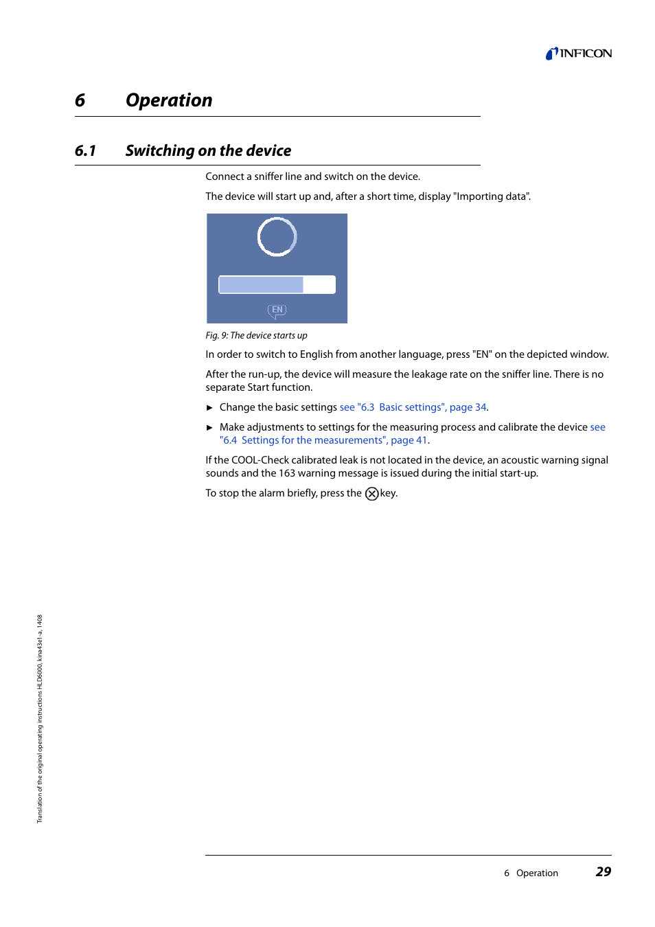 6 operation, 1 switching on the device, Operation | Switching on the device, 6operation | INFICON HLD6000 Refrigerant Leak Detector User Manual | Page 29 / 76