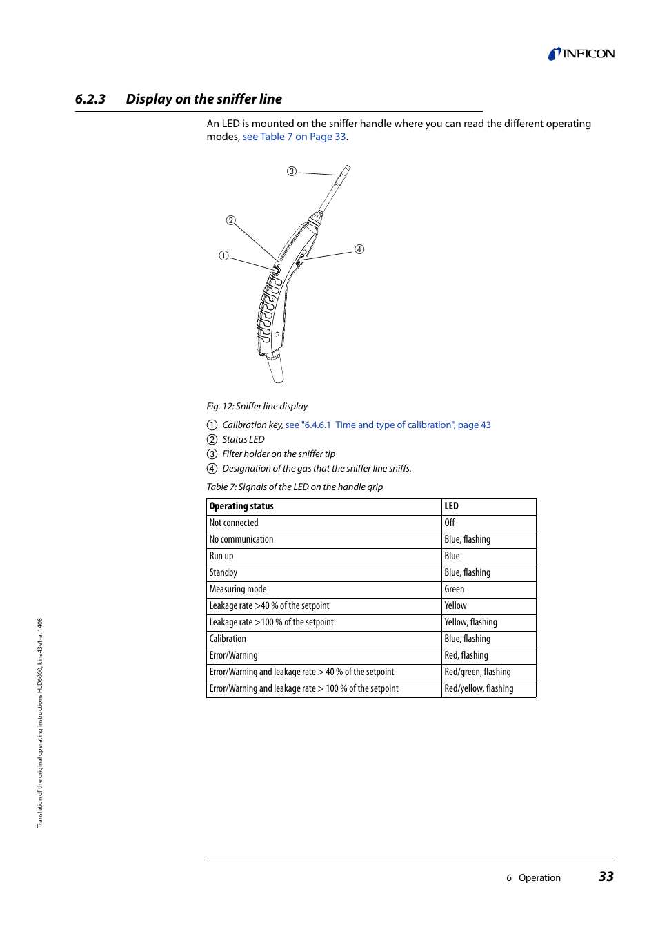 3 display on the sniffer line, Display on the sniffer line, See table 7 on | INFICON HLD6000 Refrigerant Leak Detector User Manual | Page 33 / 76