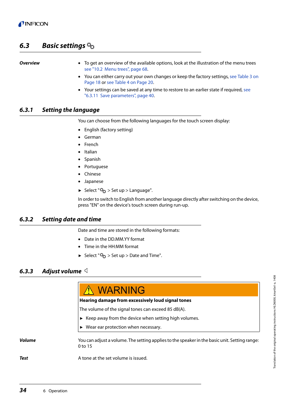 3 basic settings, 1 setting the language, 2 setting date and time | 3 adjust volume, Basic settings, Setting the language, Setting date and time, Adjust volume | INFICON HLD6000 Refrigerant Leak Detector User Manual | Page 34 / 76