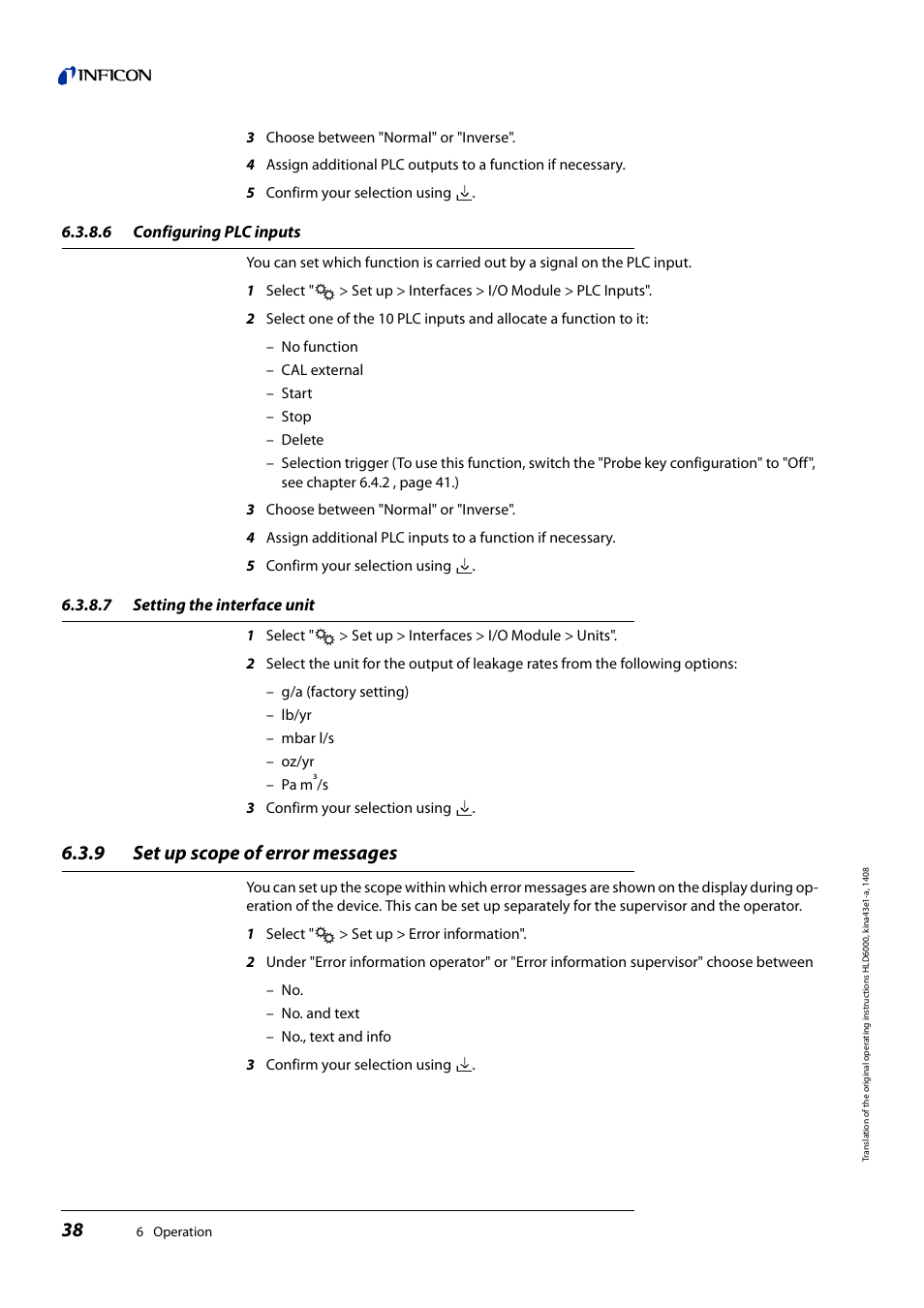 6 configuring plc inputs, 7 setting the interface unit, 9 set up scope of error messages | Configuring plc inputs, Setting the interface unit, Set up scope of error messages | INFICON HLD6000 Refrigerant Leak Detector User Manual | Page 38 / 76