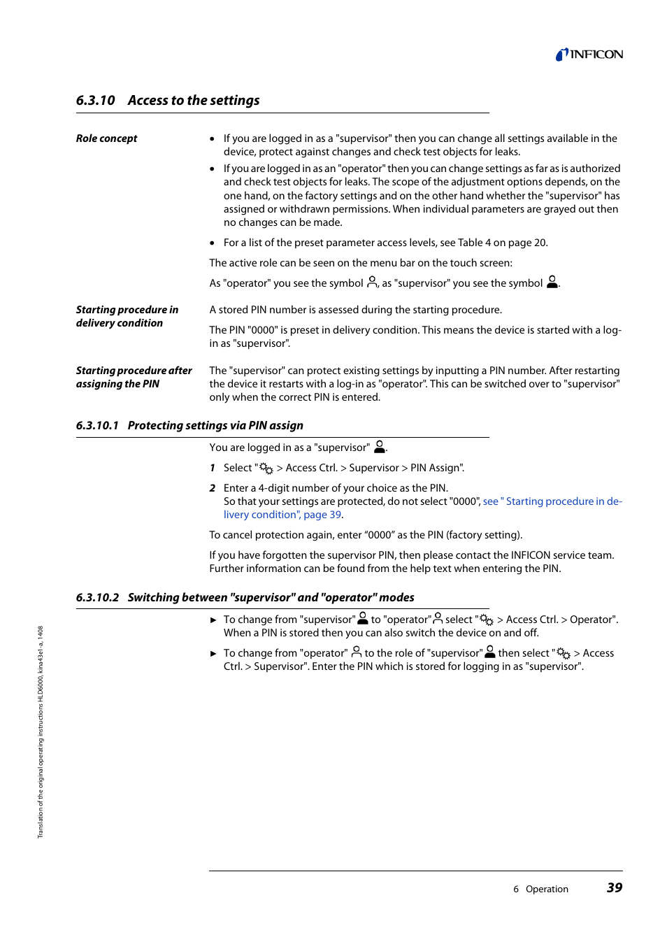 10 access to the settings, 1 protecting settings via pin assign, Access to the settings | Protecting settings via pin assign | INFICON HLD6000 Refrigerant Leak Detector User Manual | Page 39 / 76