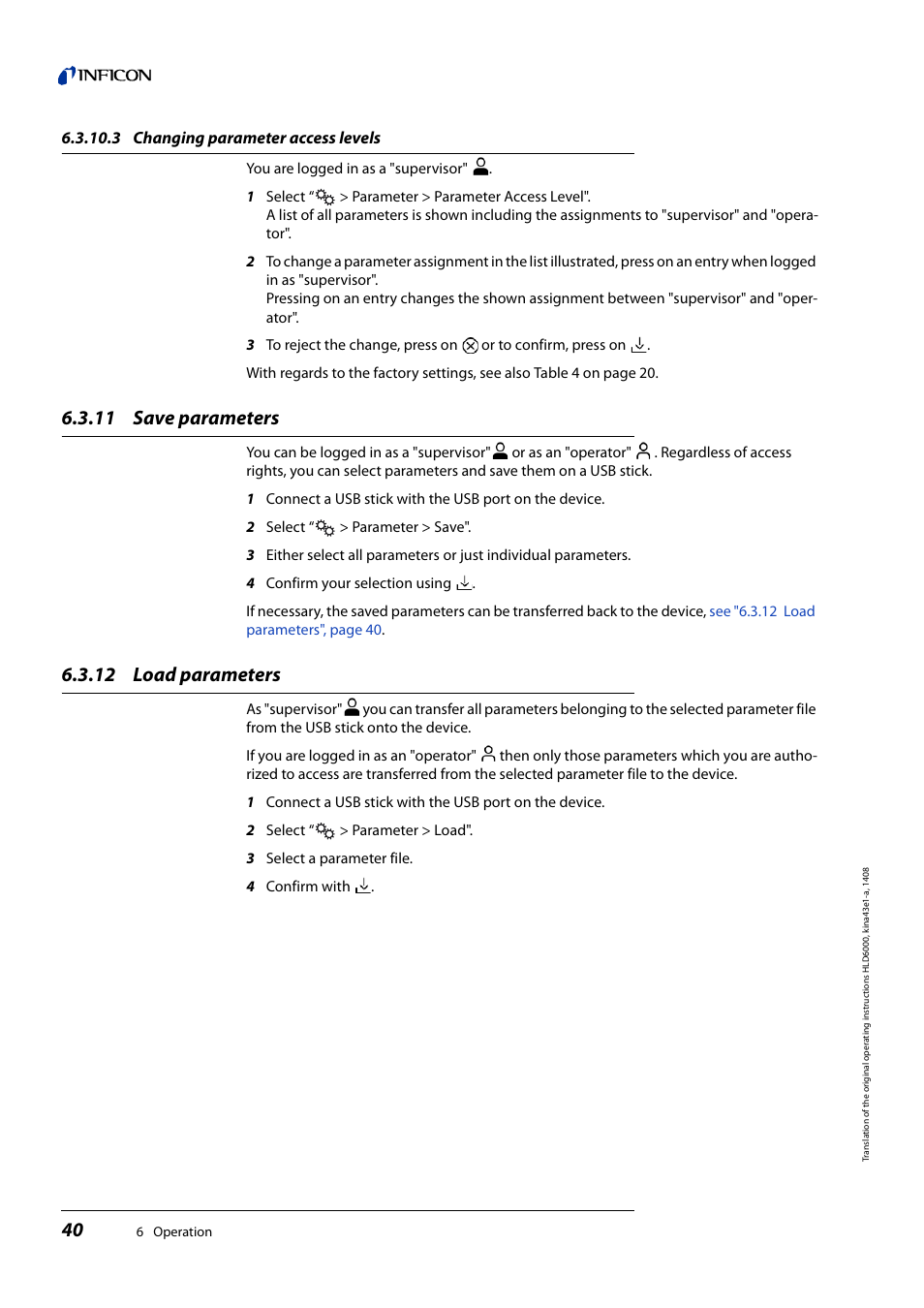 3 changing parameter access levels, 11 save parameters, 12 load parameters | Changing parameter access levels, Save parameters, Load parameters | INFICON HLD6000 Refrigerant Leak Detector User Manual | Page 40 / 76