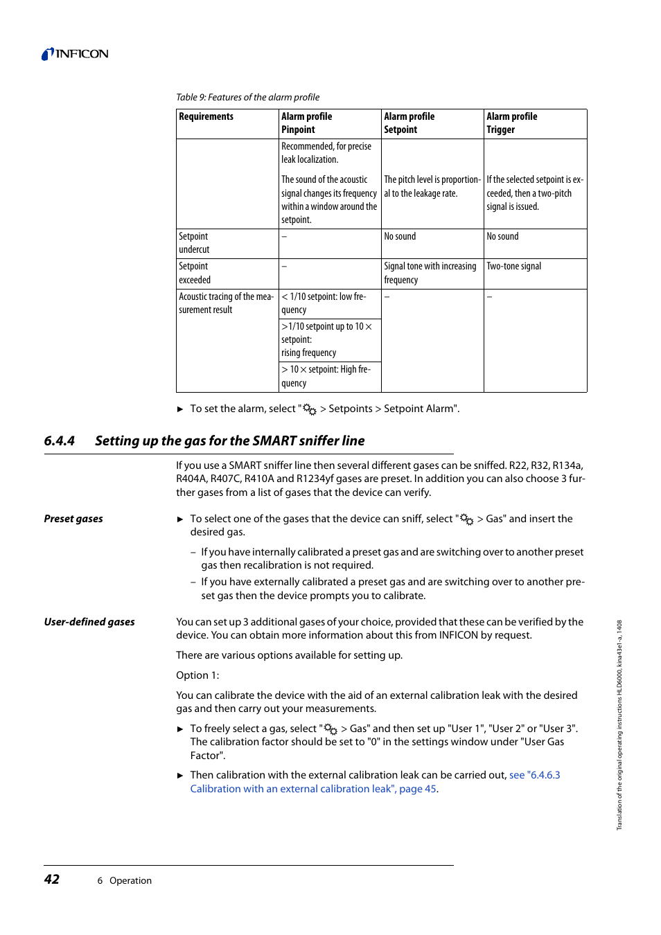 4 setting up the gas for the smart sniffer line, Setting up the gas for the smart sniffer line, See "6.4.4 setting up the gas for the | INFICON HLD6000 Refrigerant Leak Detector User Manual | Page 42 / 76