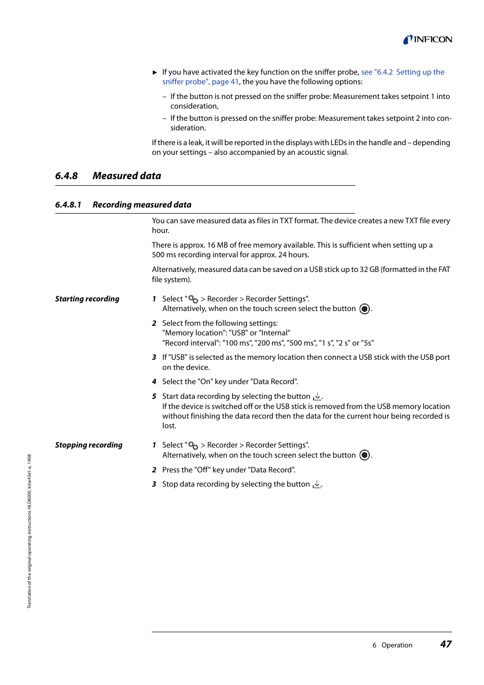 8 measured data, 1 recording measured data, Measured data | Recording measured data | INFICON HLD6000 Refrigerant Leak Detector User Manual | Page 47 / 76