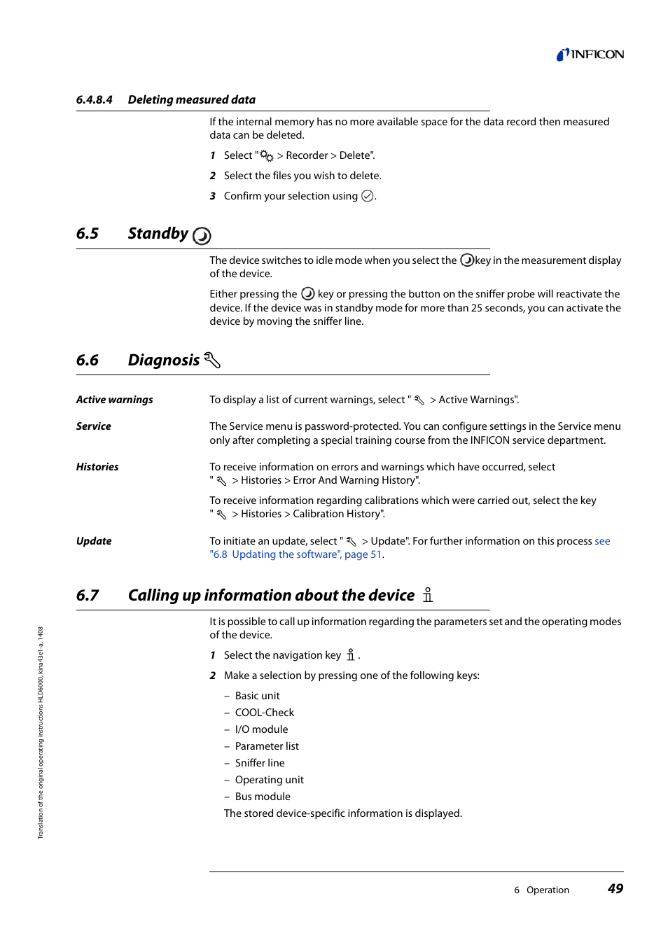 4 deleting measured data, 5 standby, 6 diagnosis | 7 calling up information about the device, Deleting measured data, Standby, Diagnosis, Calling up information about the device | INFICON HLD6000 Refrigerant Leak Detector User Manual | Page 49 / 76