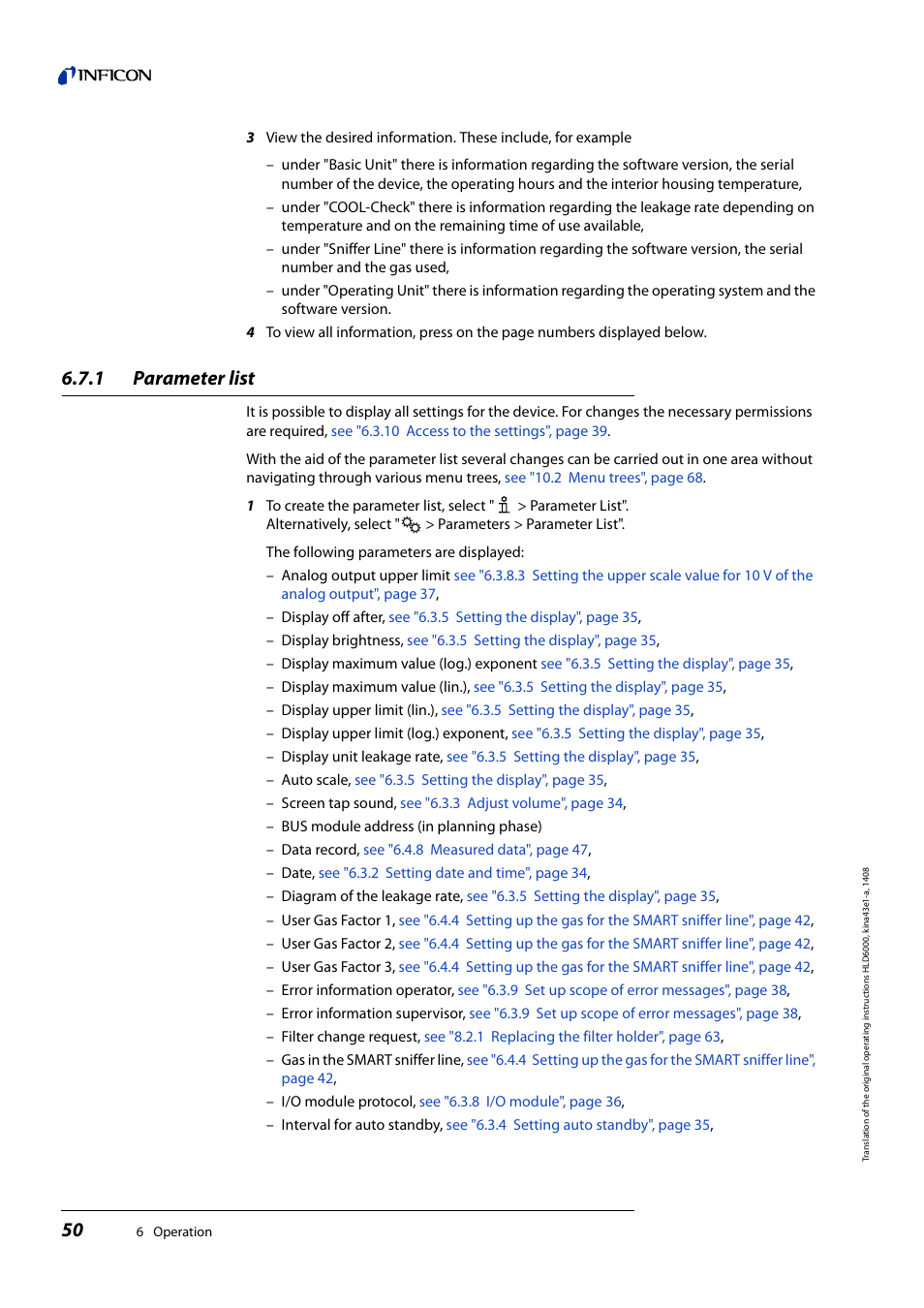 1 parameter list, Parameter list | INFICON HLD6000 Refrigerant Leak Detector User Manual | Page 50 / 76