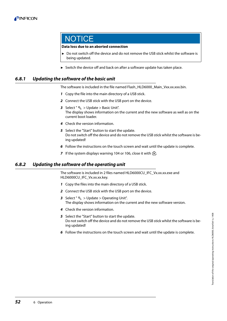 1 updating the software of the basic unit, 2 updating the software of the operating unit, Updating the software of the basic unit | Updating the software of the operating unit | INFICON HLD6000 Refrigerant Leak Detector User Manual | Page 52 / 76
