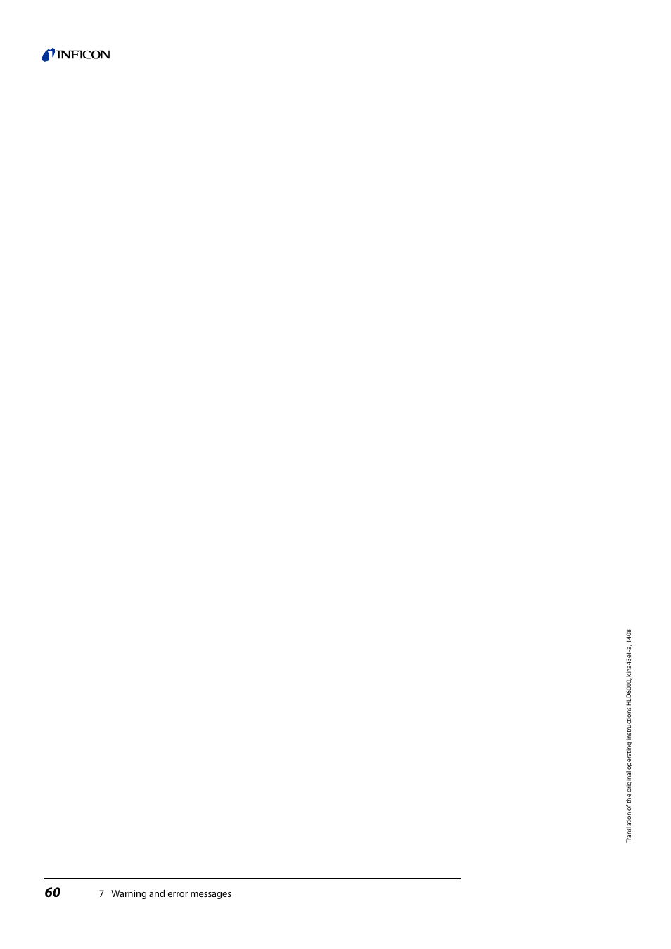 7 warning and error messages | INFICON HLD6000 Refrigerant Leak Detector User Manual | Page 60 / 76