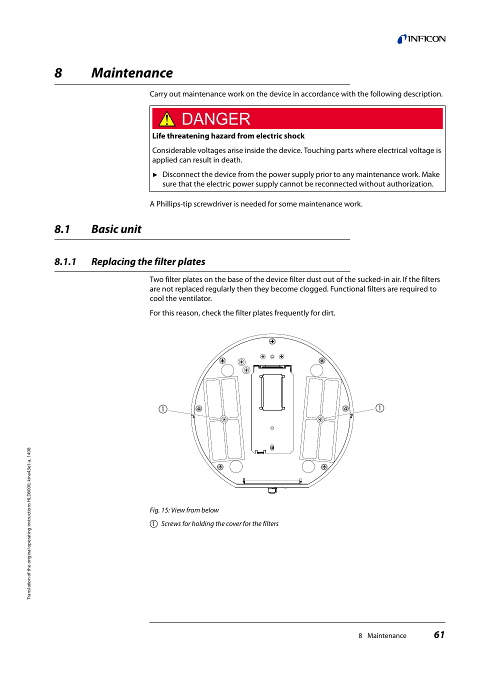 8 maintenance, 1 basic unit, 1 replacing the filter plates | Maintenance, Basic unit, Replacing the filter plates, 8maintenance | INFICON HLD6000 Refrigerant Leak Detector User Manual | Page 61 / 76