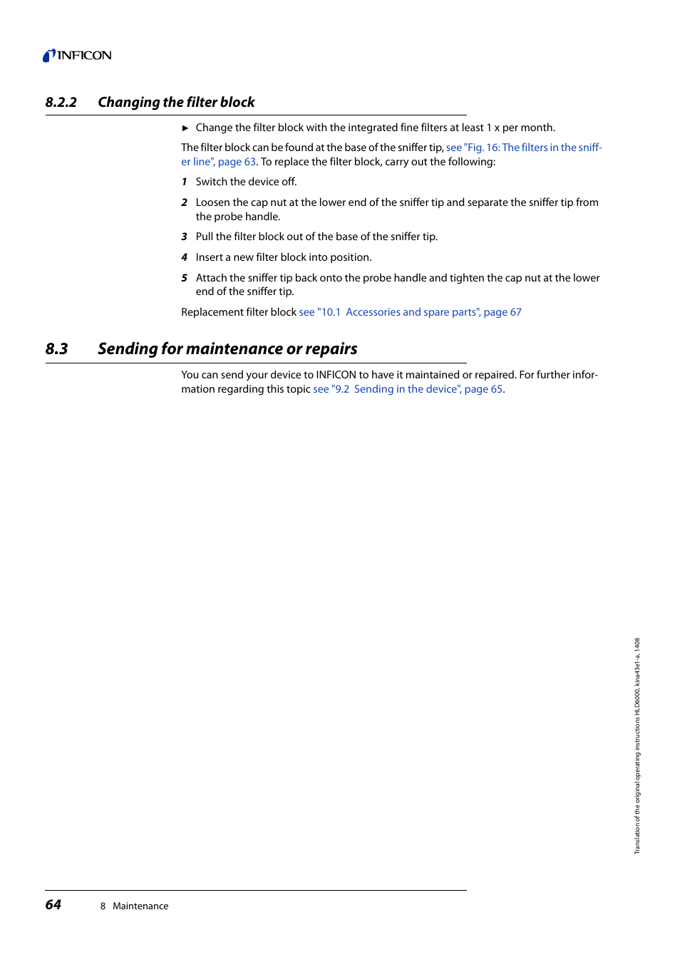 2 changing the filter block, 3 sending for maintenance or repairs, Changing the filter block | Sending for maintenance or repairs | INFICON HLD6000 Refrigerant Leak Detector User Manual | Page 64 / 76