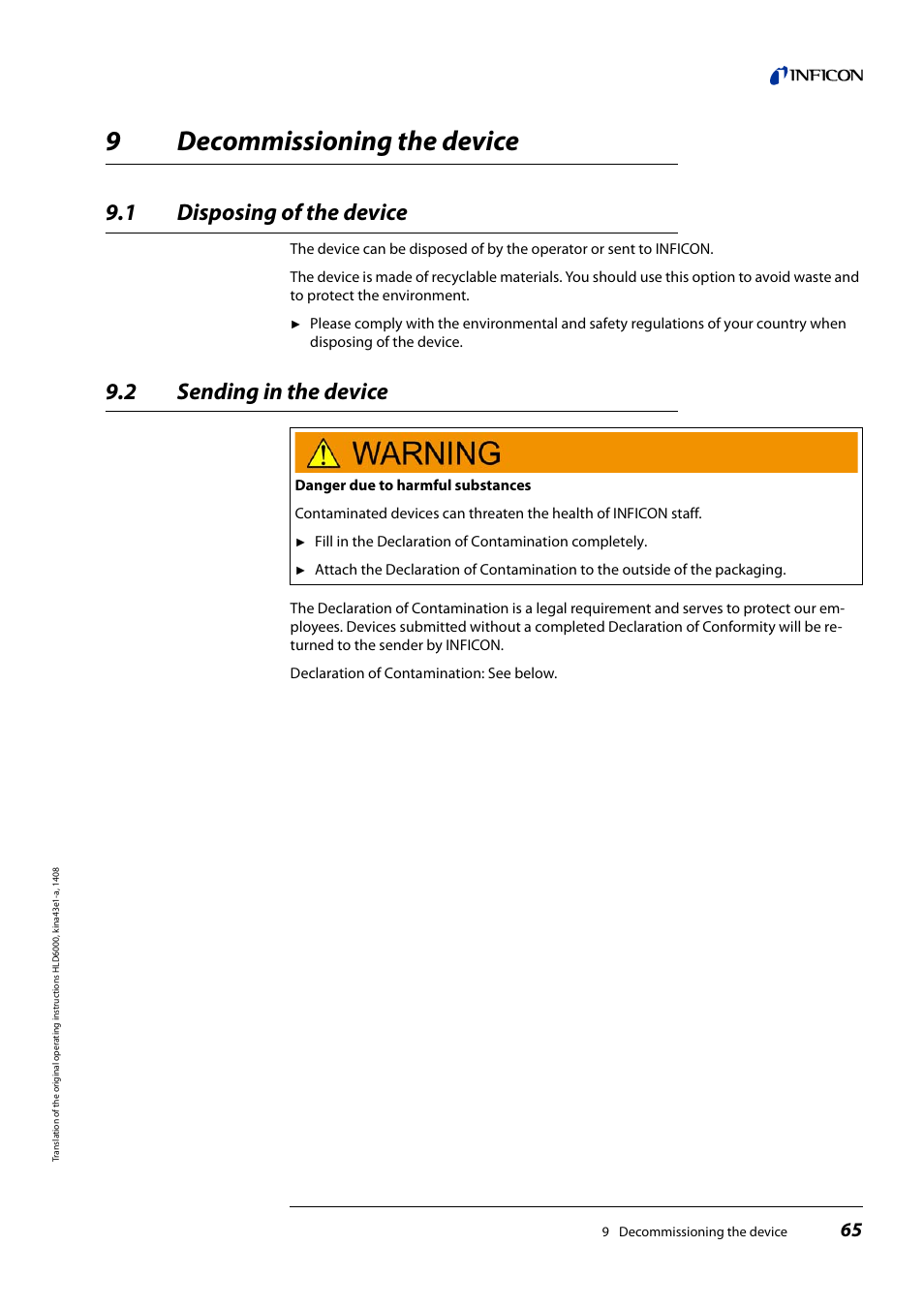 9 decommissioning the device, 1 disposing of the device, 2 sending in the device | Decommissioning the device, Disposing of the device, Sending in the device, 9decommissioning the device | INFICON HLD6000 Refrigerant Leak Detector User Manual | Page 65 / 76