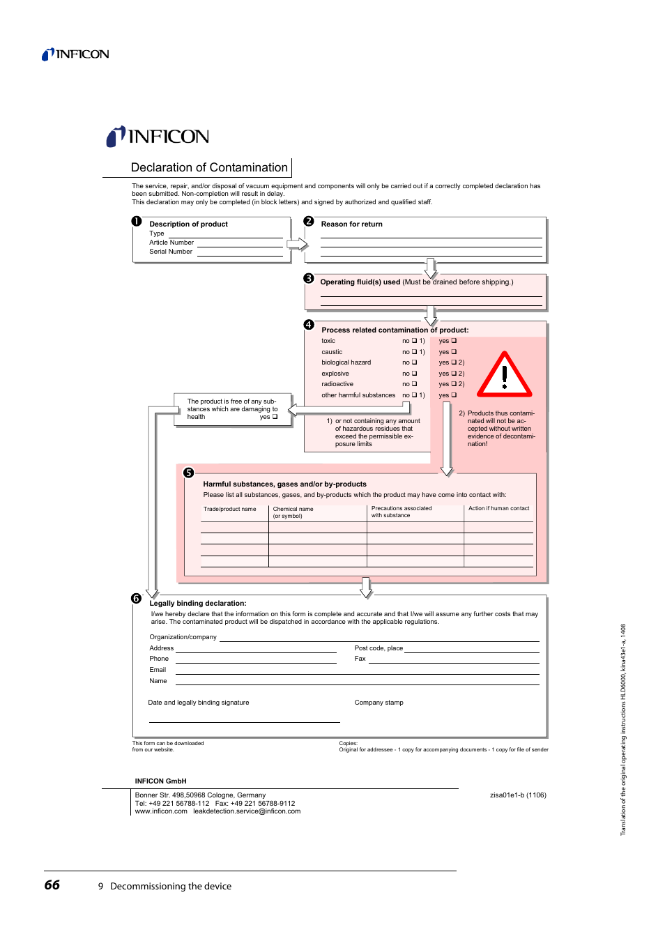 Declaration of contamination, 9 decommissioning the device | INFICON HLD6000 Refrigerant Leak Detector User Manual | Page 66 / 76