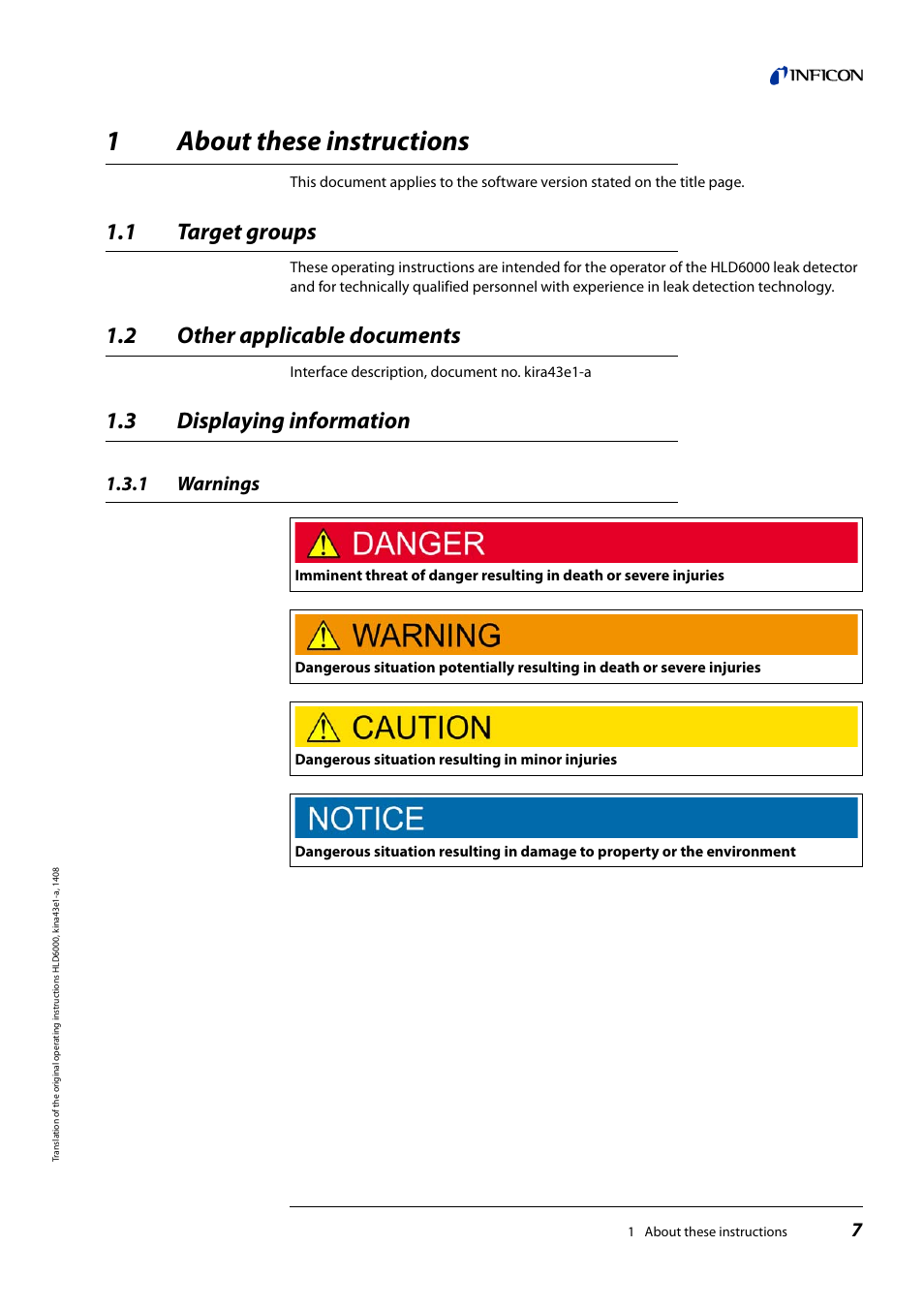 1 about these instructions, 1 target groups, 2 other applicable documents | 3 displaying information, 1 warnings, About these instructions, Target groups, Other applicable documents, Displaying information, Warnings | INFICON HLD6000 Refrigerant Leak Detector User Manual | Page 7 / 76