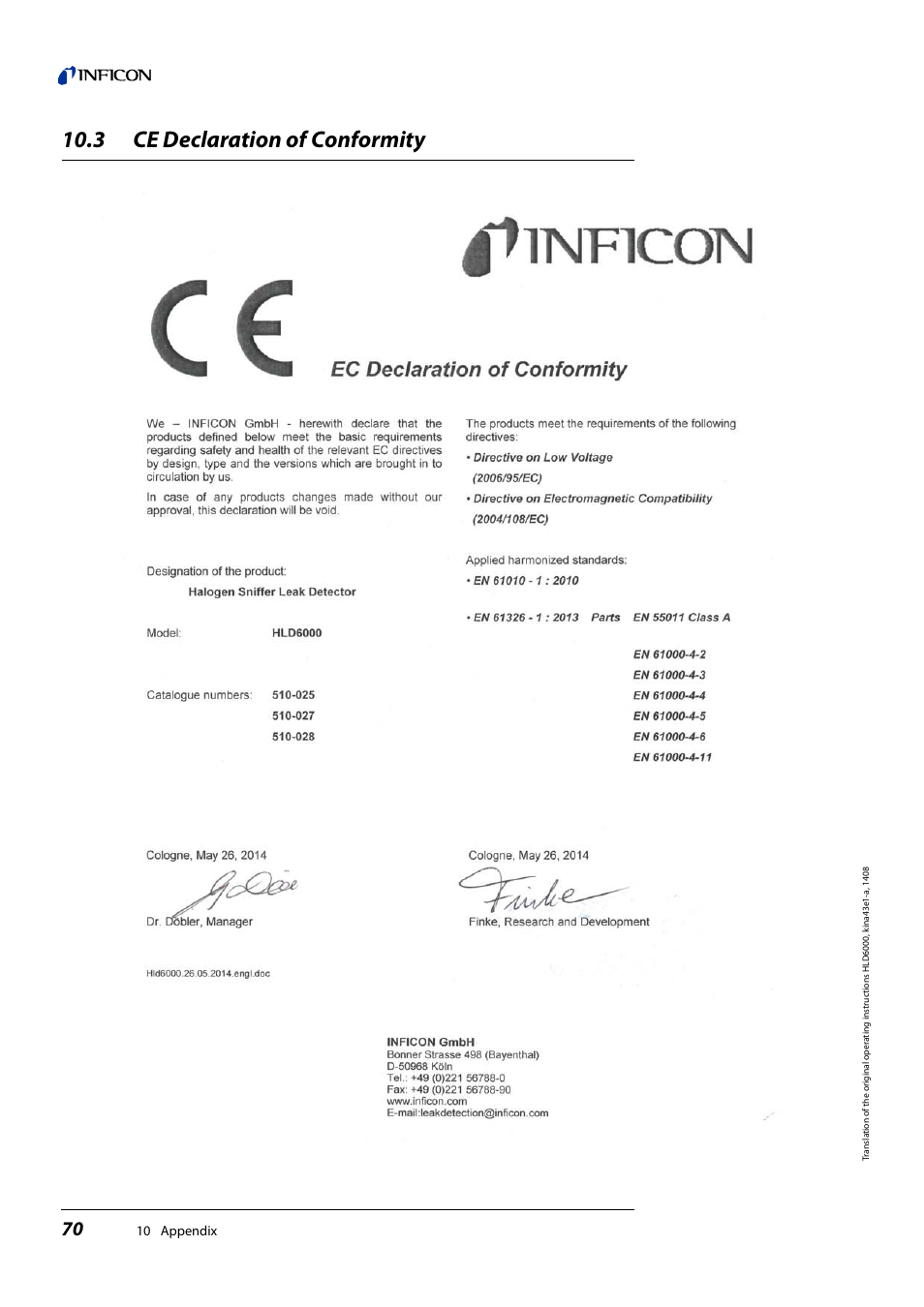 3 ce declaration of conformity, Ce declaration of conformity, 10 appendix | INFICON HLD6000 Refrigerant Leak Detector User Manual | Page 70 / 76