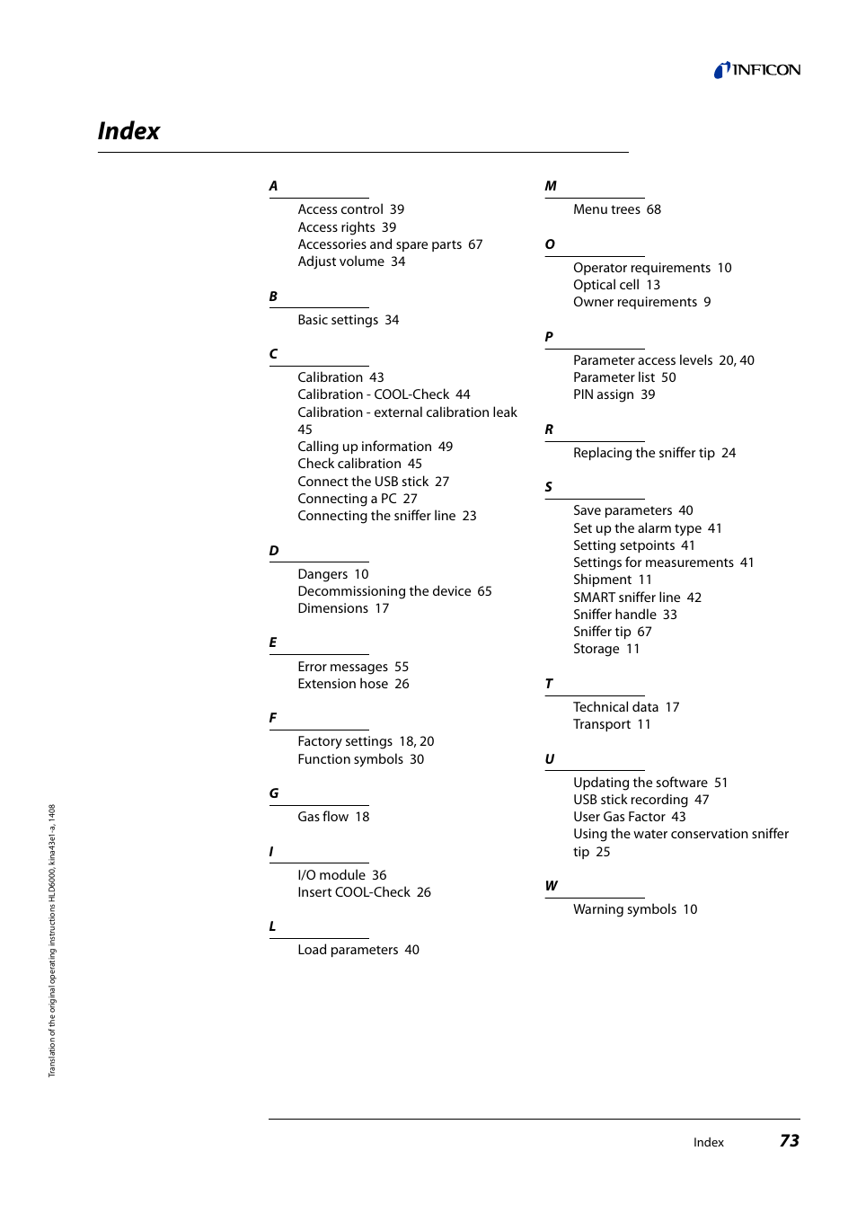 Index | INFICON HLD6000 Refrigerant Leak Detector User Manual | Page 73 / 76