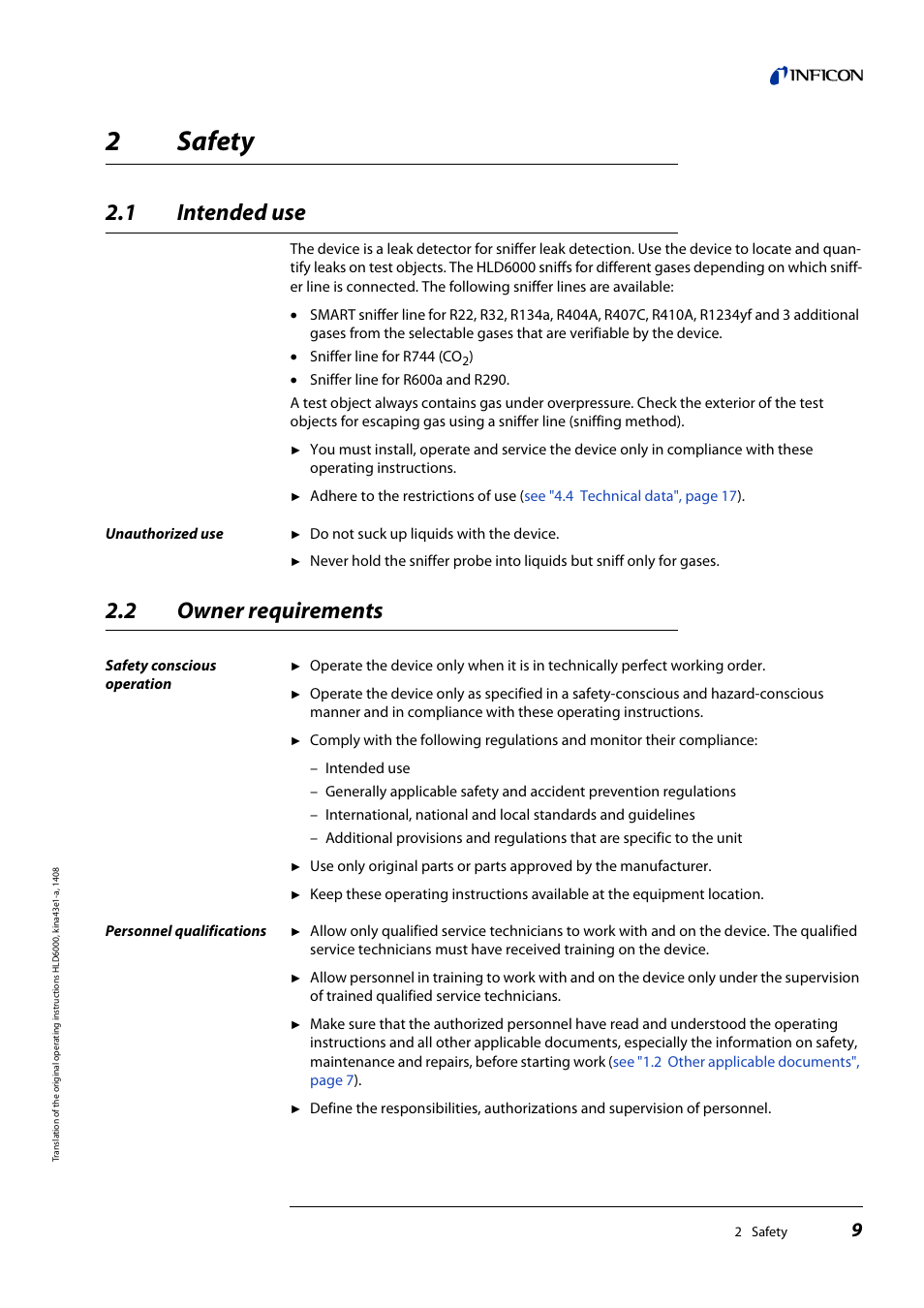 2 safety, 1 intended use, 2 owner requirements | Safety, Intended use, Owner requirements, 2safety | INFICON HLD6000 Refrigerant Leak Detector User Manual | Page 9 / 76