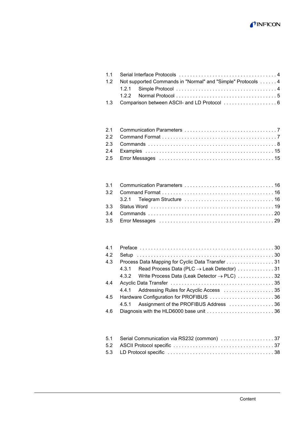 Content, 1 interface protocols, 2 ascii protocol | 3 ld protocol 6, 4 fieldbus communication 0, 5 trouble shooting 7 | INFICON HLD6000 Refrigerant Leak Detector Interface Description User Manual | Page 3 / 40