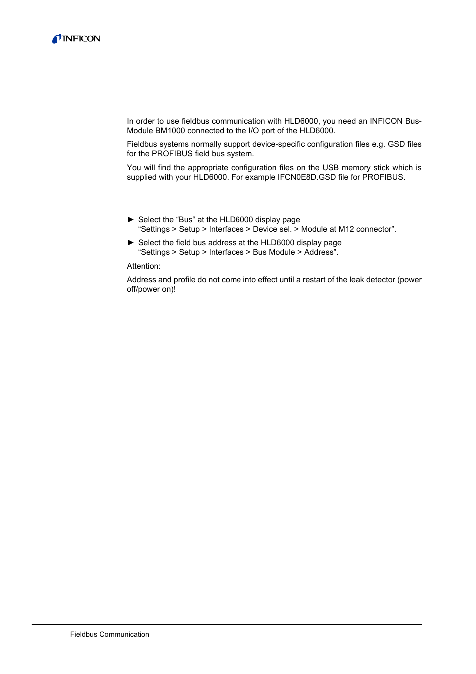 4 fieldbus communication, 1 preface, 2 setup | Preface, Setup, 4fieldbus communication | INFICON HLD6000 Refrigerant Leak Detector Interface Description User Manual | Page 30 / 40
