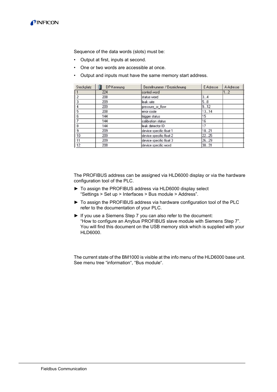 5 hardware configuration for profibus, 1 assignment of the profibus address, 6 diagnosis with the hld6000 base unit | Hardware configuration for profibus 4.5.1, Assignment of the profibus address, Diagnosis with the hld6000 base unit | INFICON HLD6000 Refrigerant Leak Detector Interface Description User Manual | Page 36 / 40