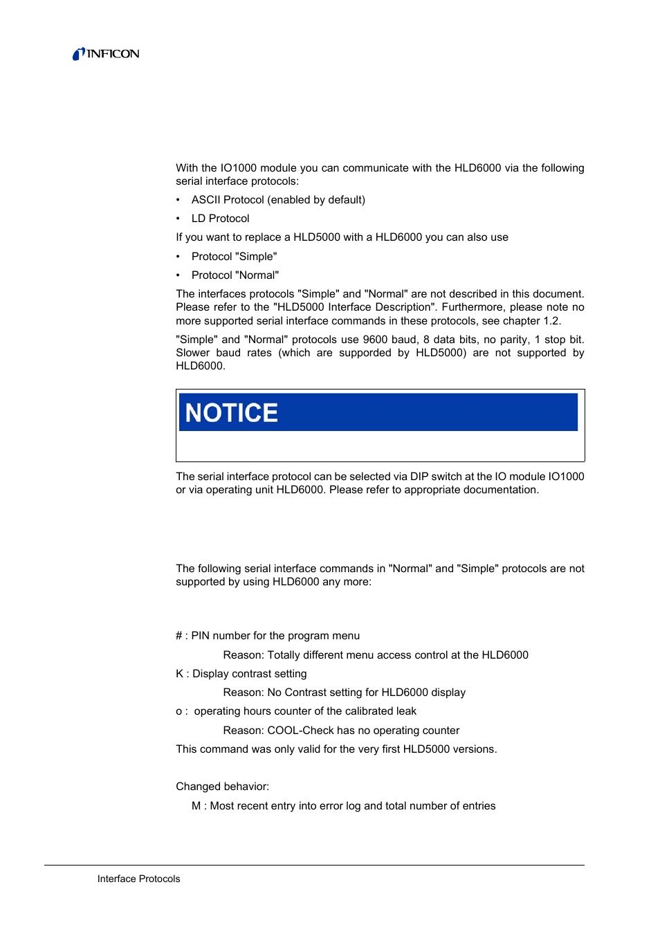 1 interface protocols, 1 serial interface protocols, 1 simple protocol | Serial interface protocols, Simple protocol, 1interface protocols | INFICON HLD6000 Refrigerant Leak Detector Interface Description User Manual | Page 4 / 40