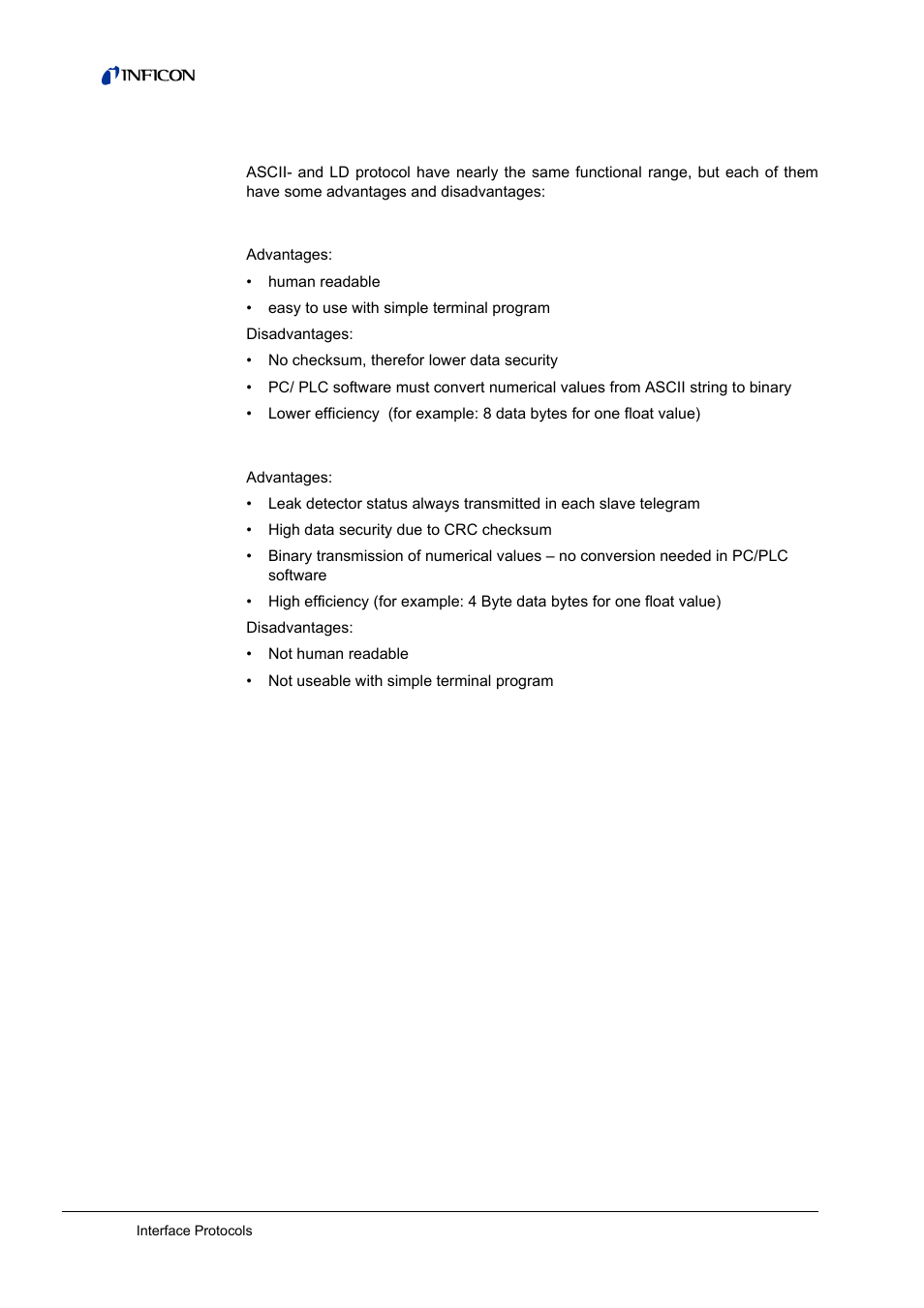 3 comparison between ascii- and ld protocol, Comparison between ascii- and ld protocol | INFICON HLD6000 Refrigerant Leak Detector Interface Description User Manual | Page 6 / 40