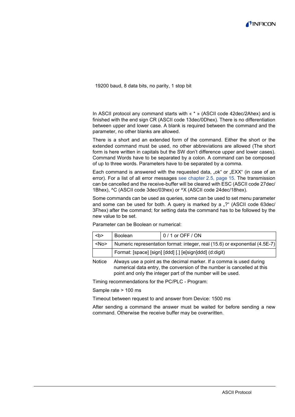 2 ascii protocol, 1 communication parameters, 2 command format | Communication parameters, Command format, 2ascii protocol, 1 communication parameters 2.2 command format | INFICON HLD6000 Refrigerant Leak Detector Interface Description User Manual | Page 7 / 40