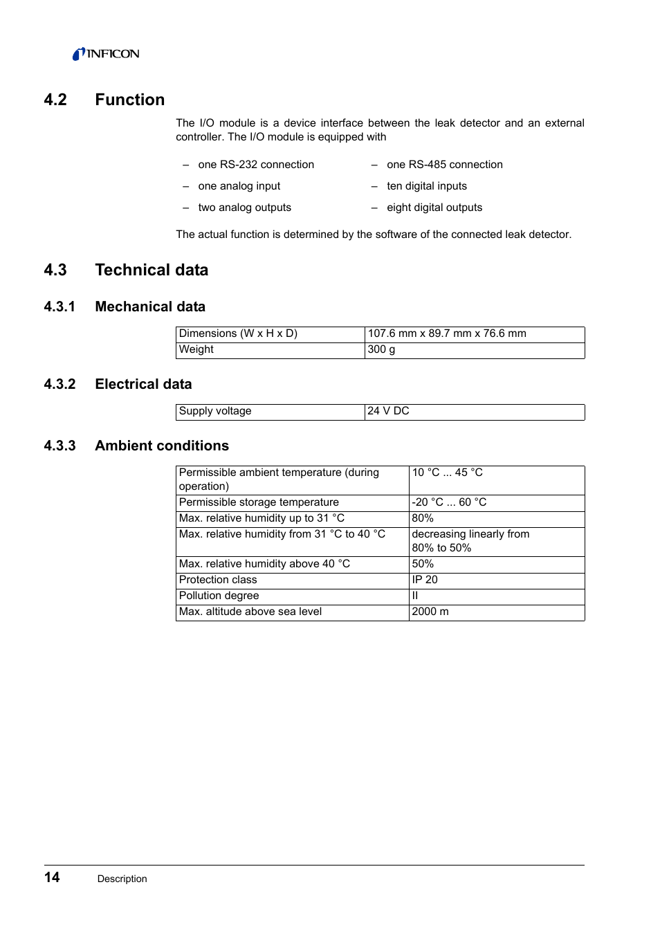 2 function, 3 technical data, 1 mechanical data | 2 electrical data, 3 ambient conditions, Function, Technical data 4.3.1, Mechanical data, Electrical data, Ambient conditions | INFICON IO1000 I/O module User Manual | Page 14 / 18
