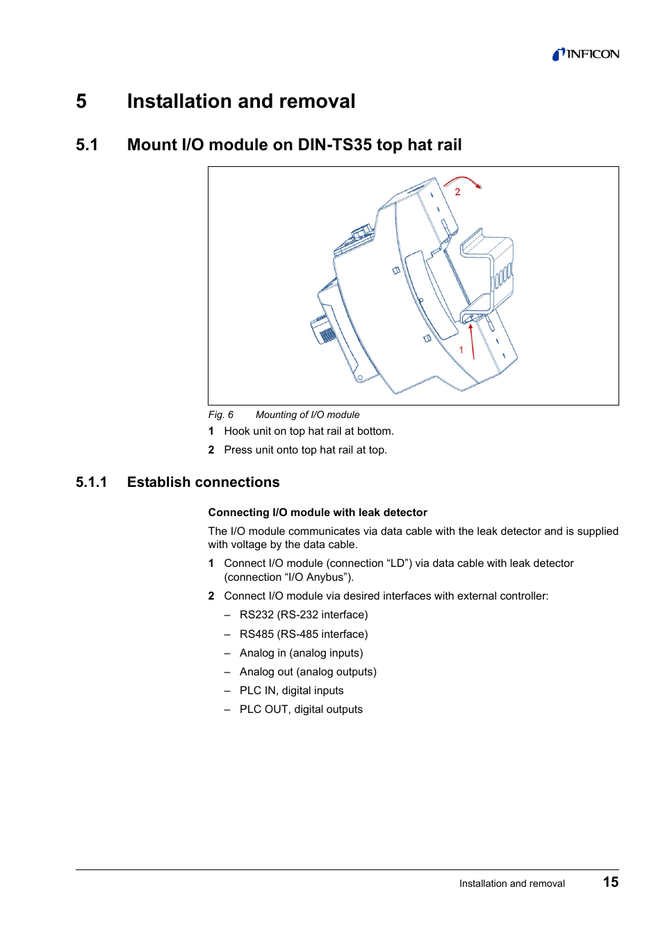 5 installation and removal, 1 mount i/o module on din-ts35 top hat rail, 1 establish connections | Mount i/o module on din-ts35 top hat rail 5.1.1, Establish connections, 5installation and removal | INFICON IO1000 I/O module User Manual | Page 15 / 18